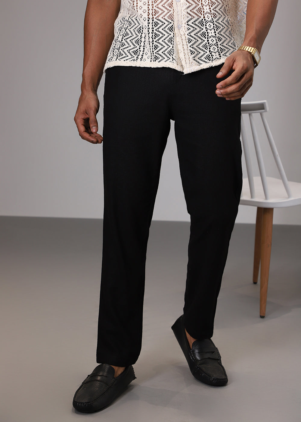 Black Comfort Fit Linen Pant