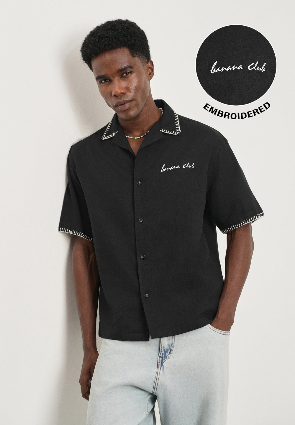 Black Contrast Embroidered Cotton Shirt