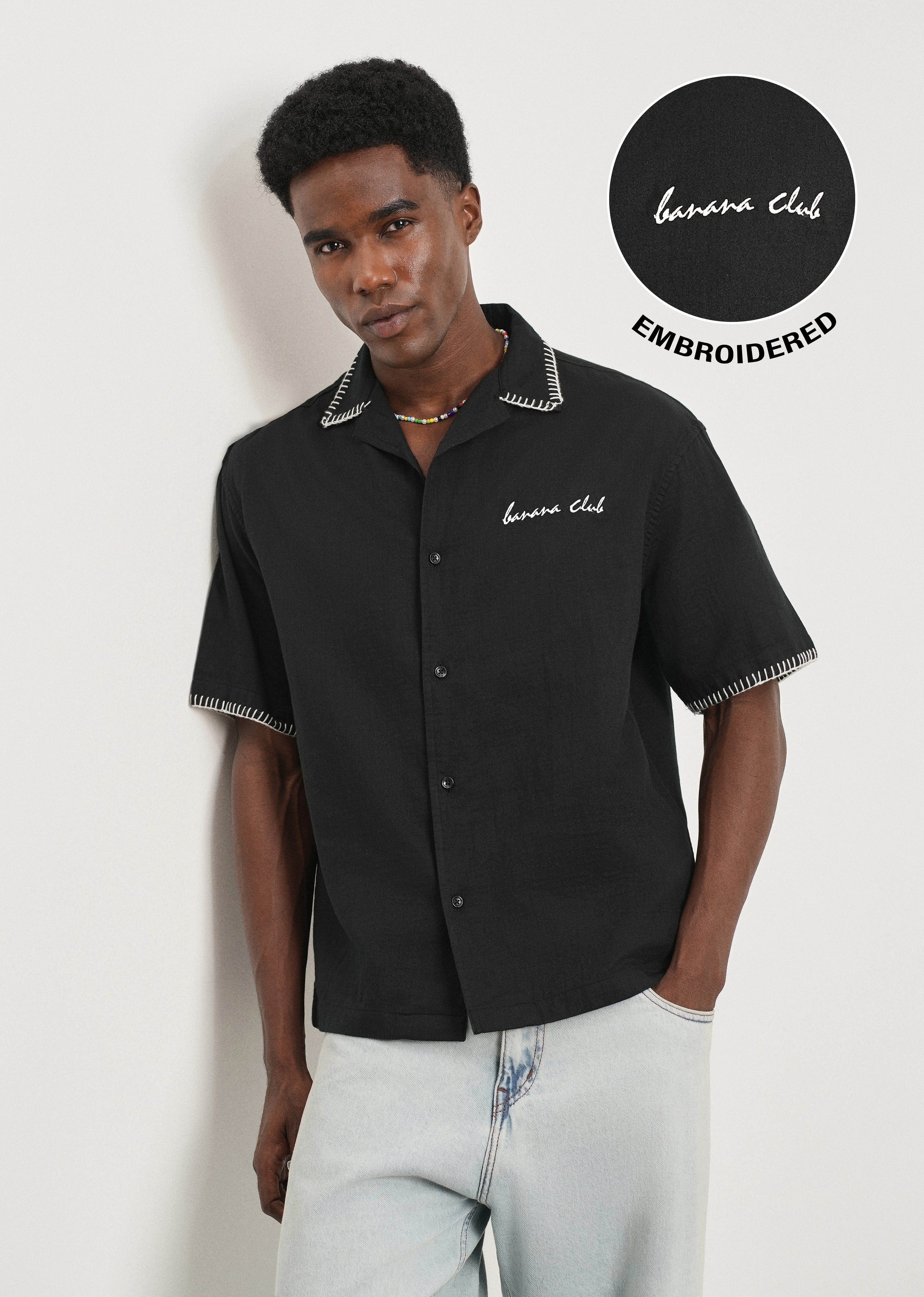 Black Contrast Embroidered Cotton Shirt