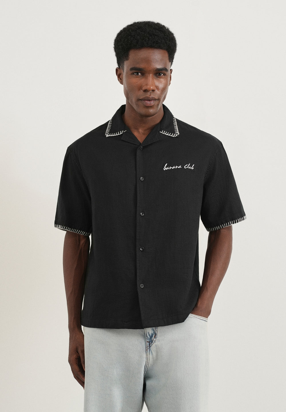 Black Contrast Embroidered Cotton Shirt