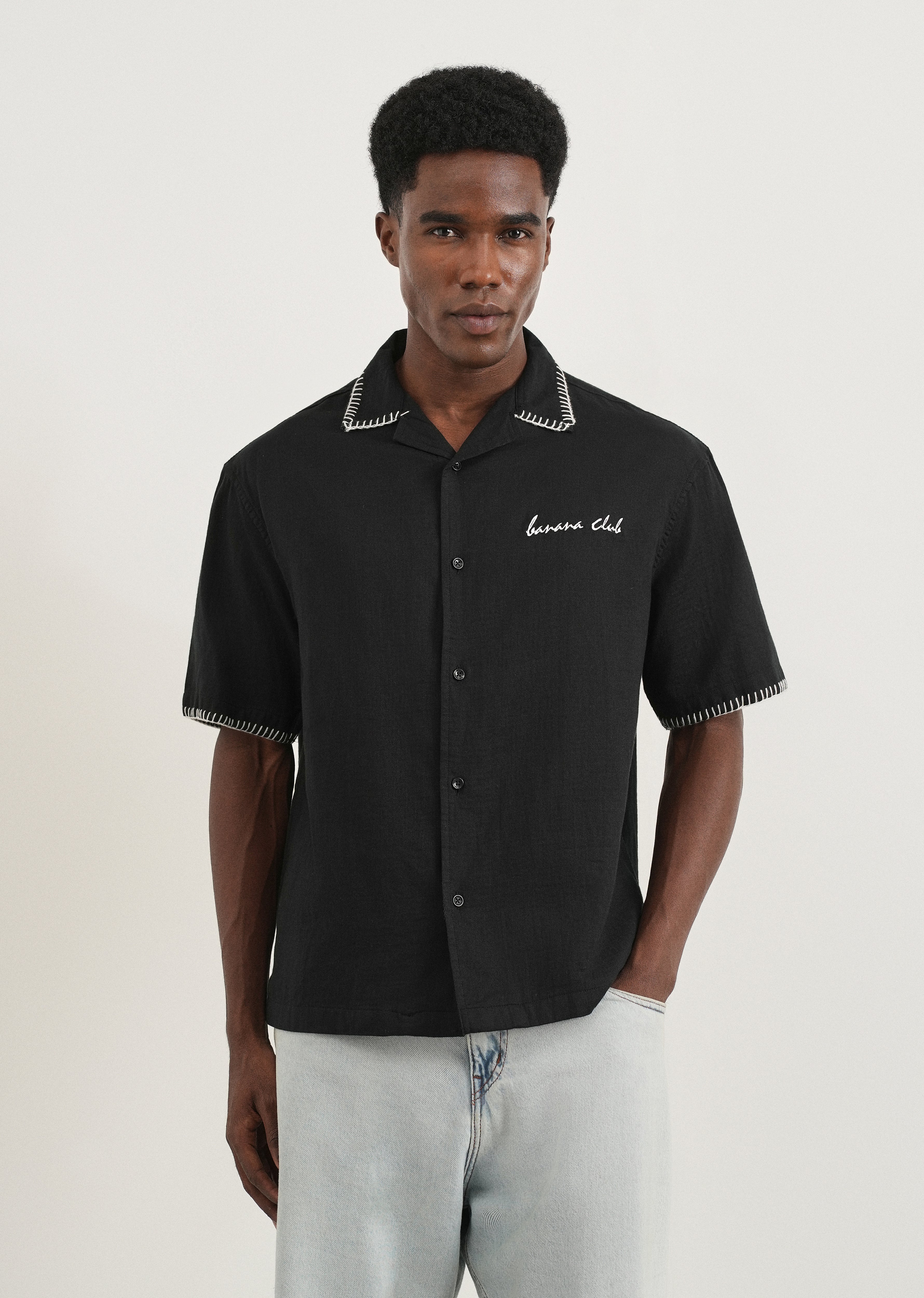 Black Contrast Embroidered Cotton Shirt