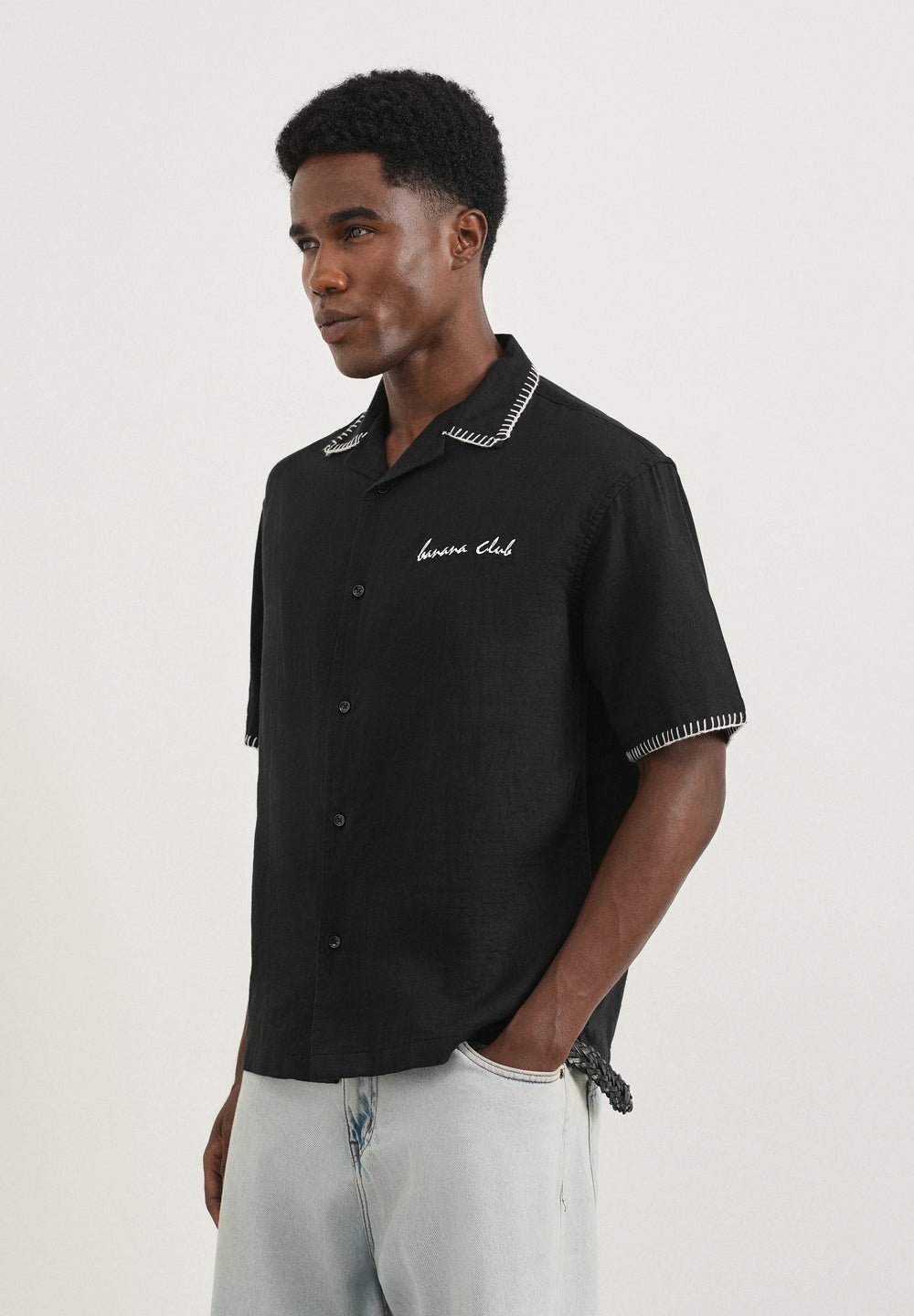 Black Contrast Embroidered Cotton Shirt