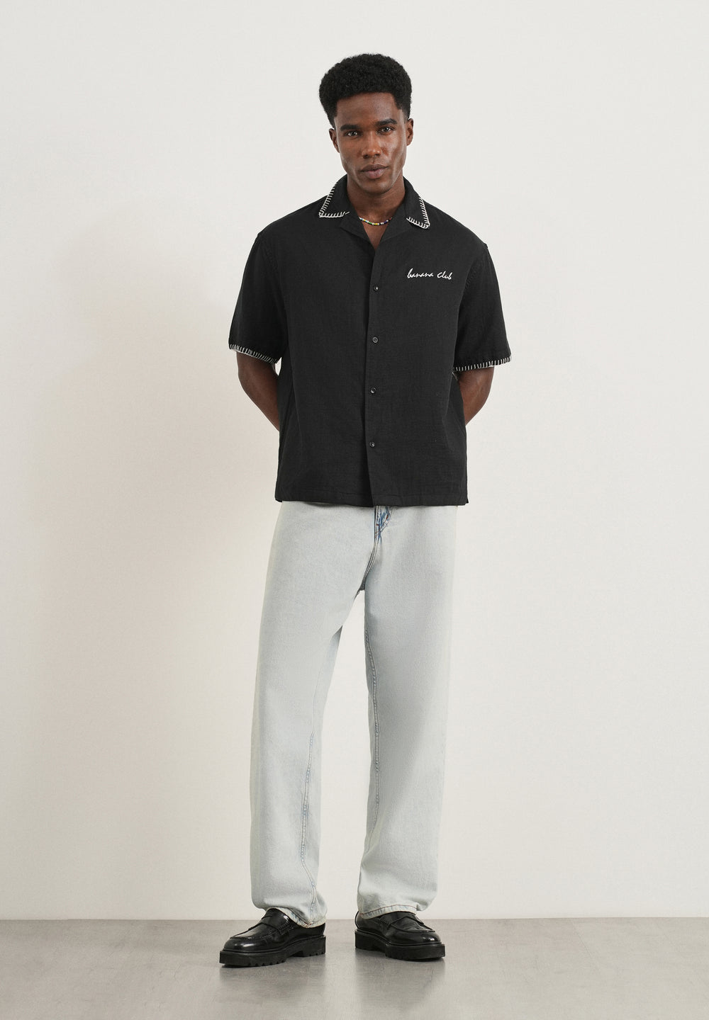 Black Contrast Embroidered Cotton Shirt