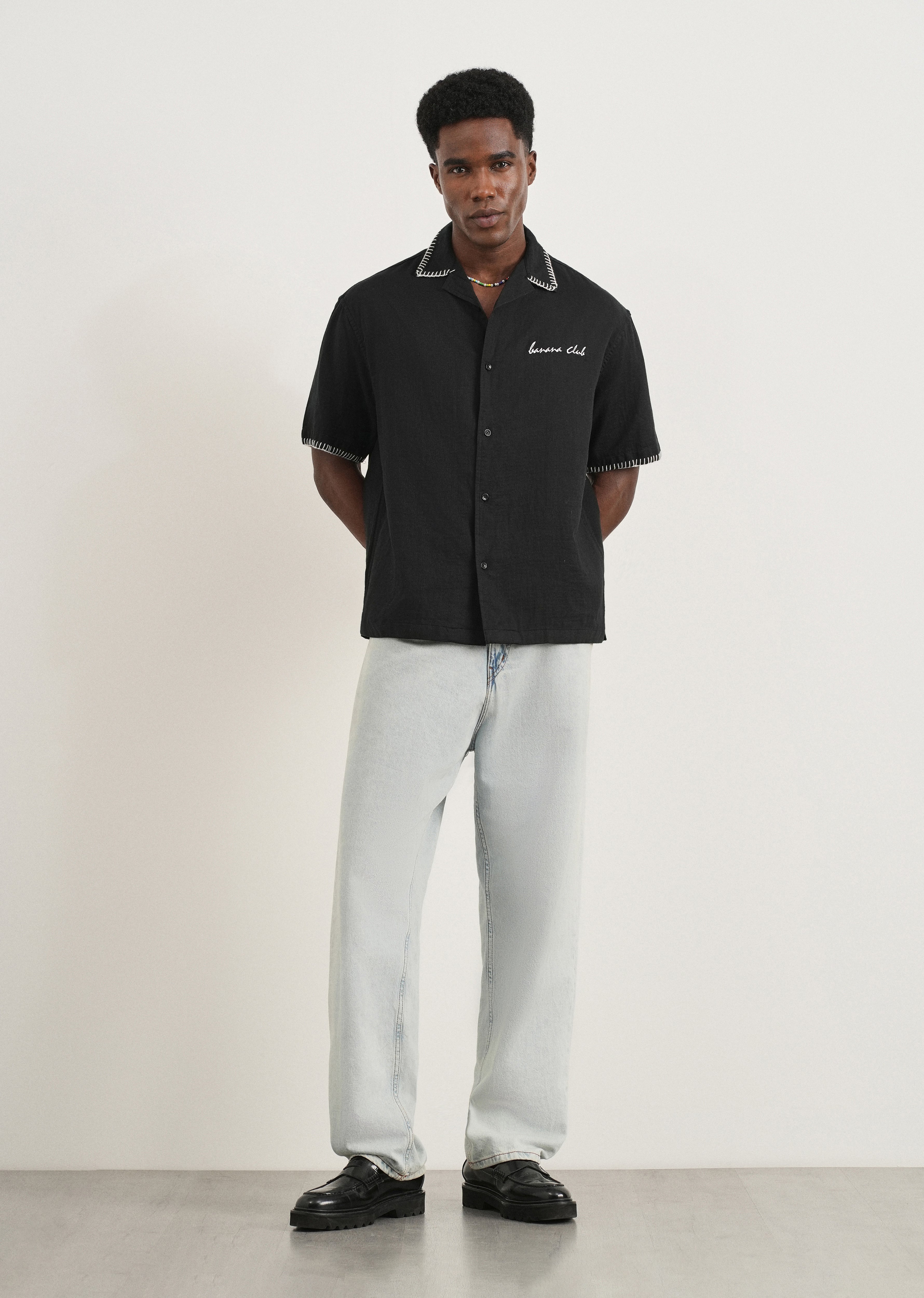 Black Contrast Embroidered Cotton Shirt