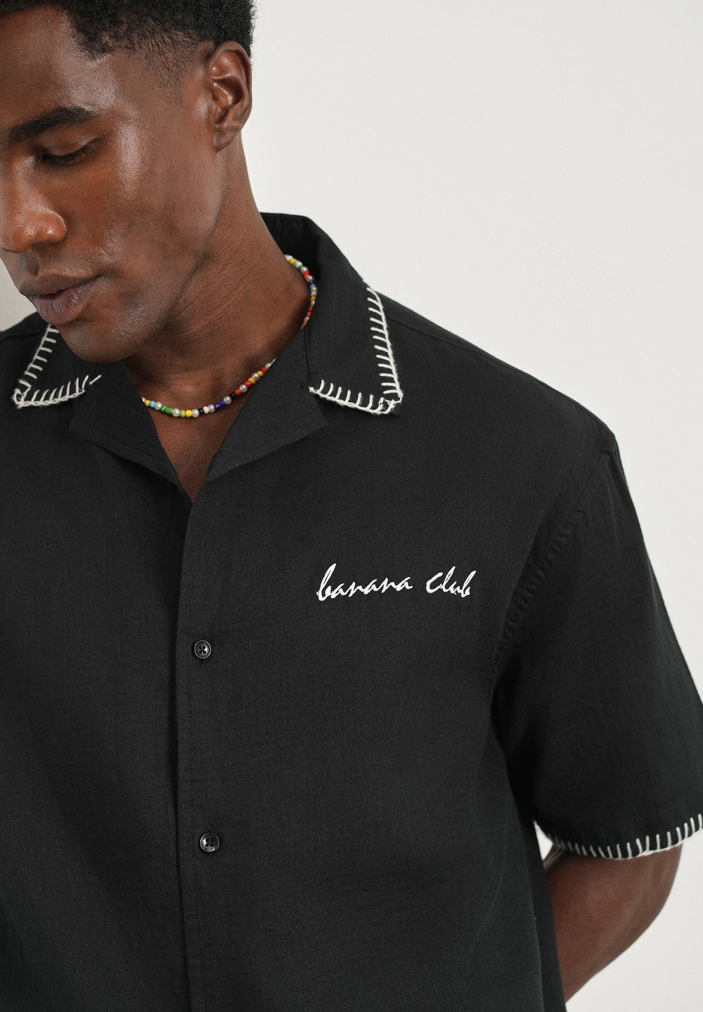 Black Contrast Embroidered Cotton Shirt