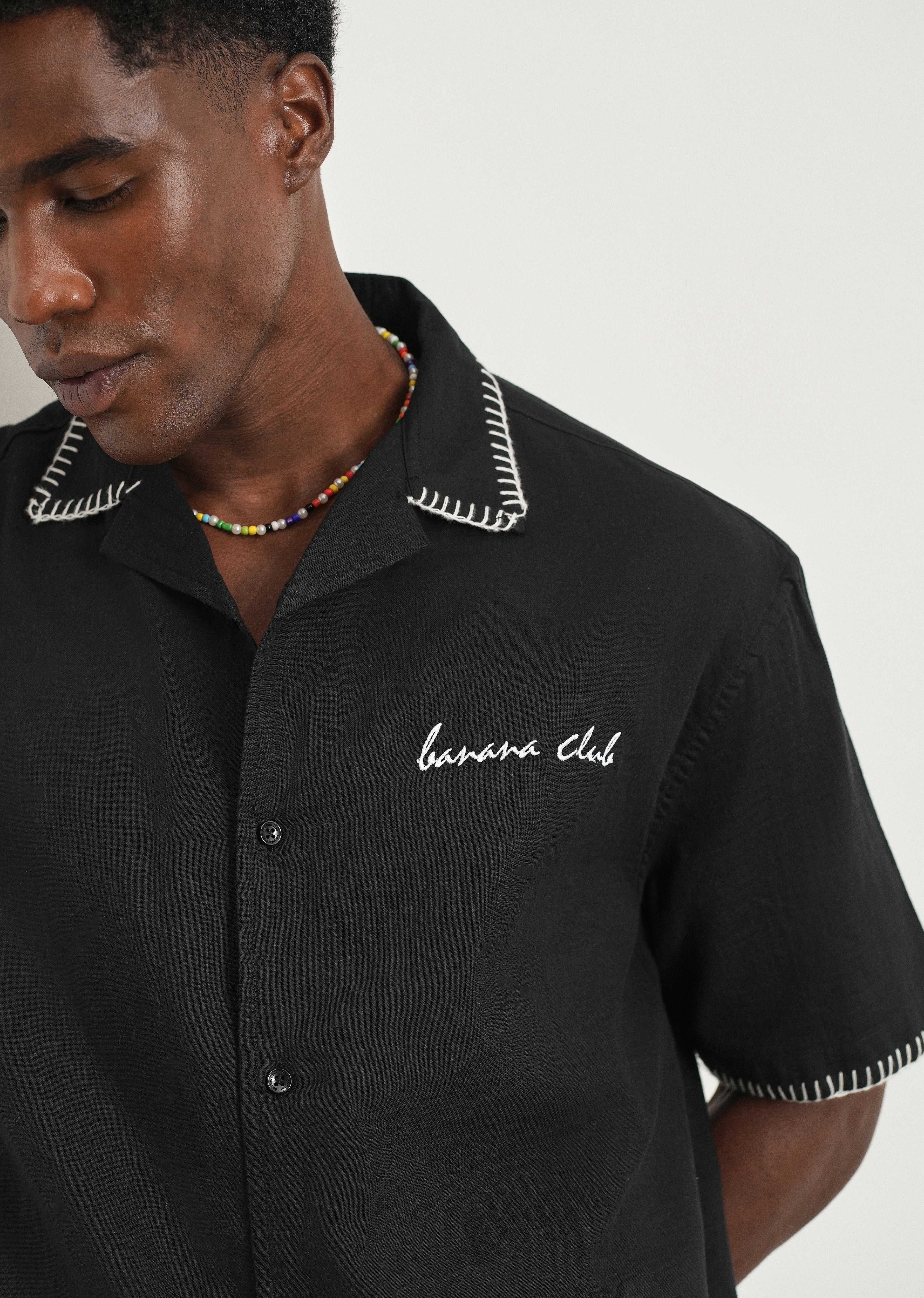 Black Contrast Embroidered Cotton Shirt
