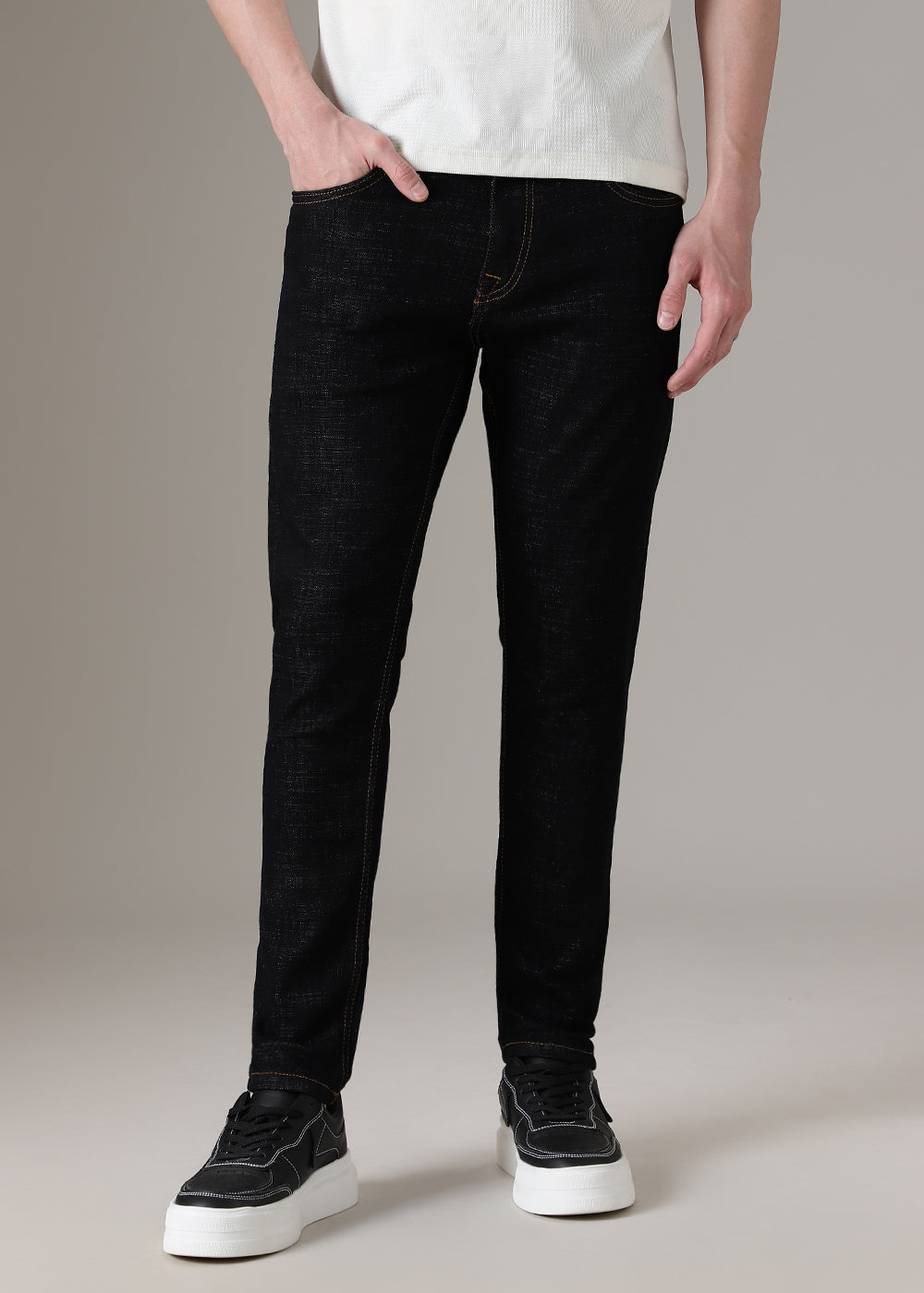 Black Contrast Thread Slim Fit Denim