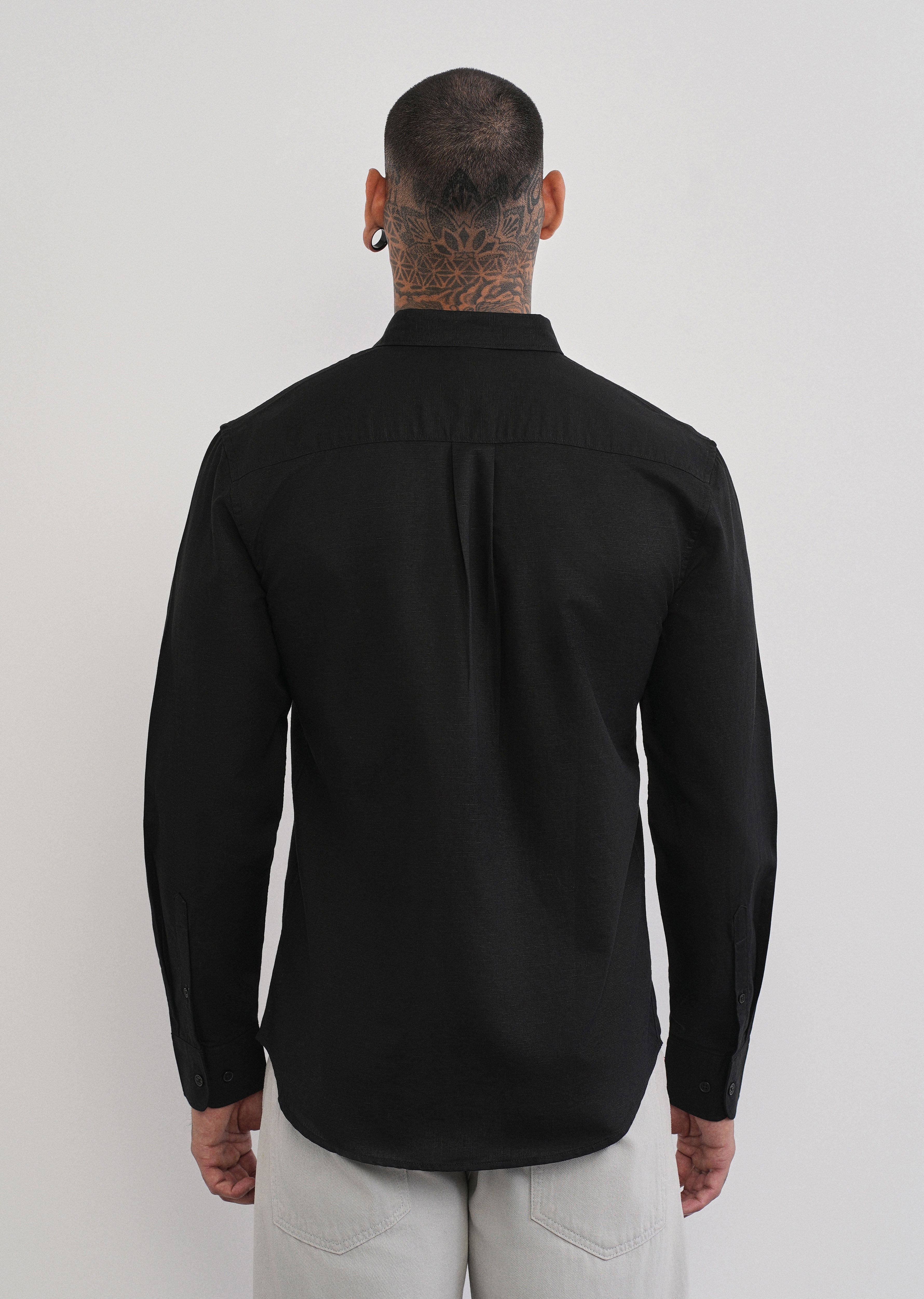Black Cotton Linen Plain Shirt