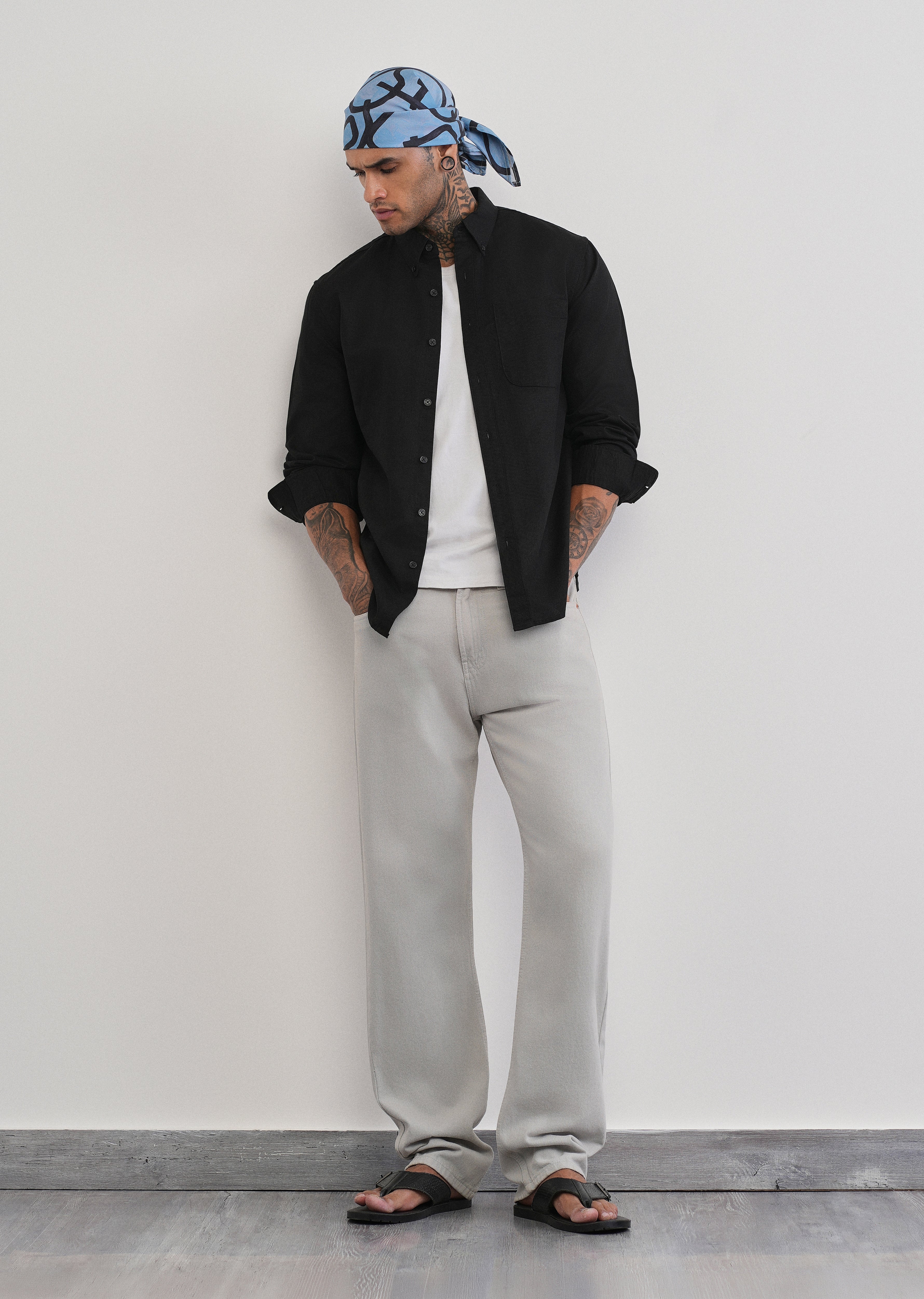Black Cotton Linen Plain Shirt