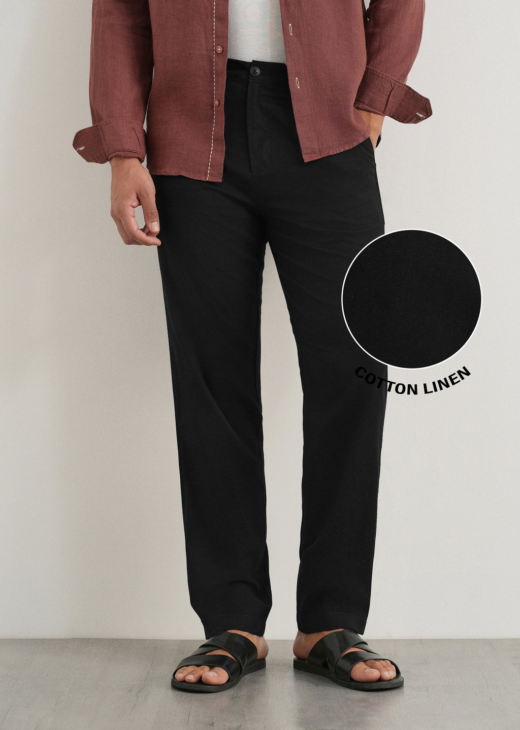Black Cotton Linen Regular Fit Pant