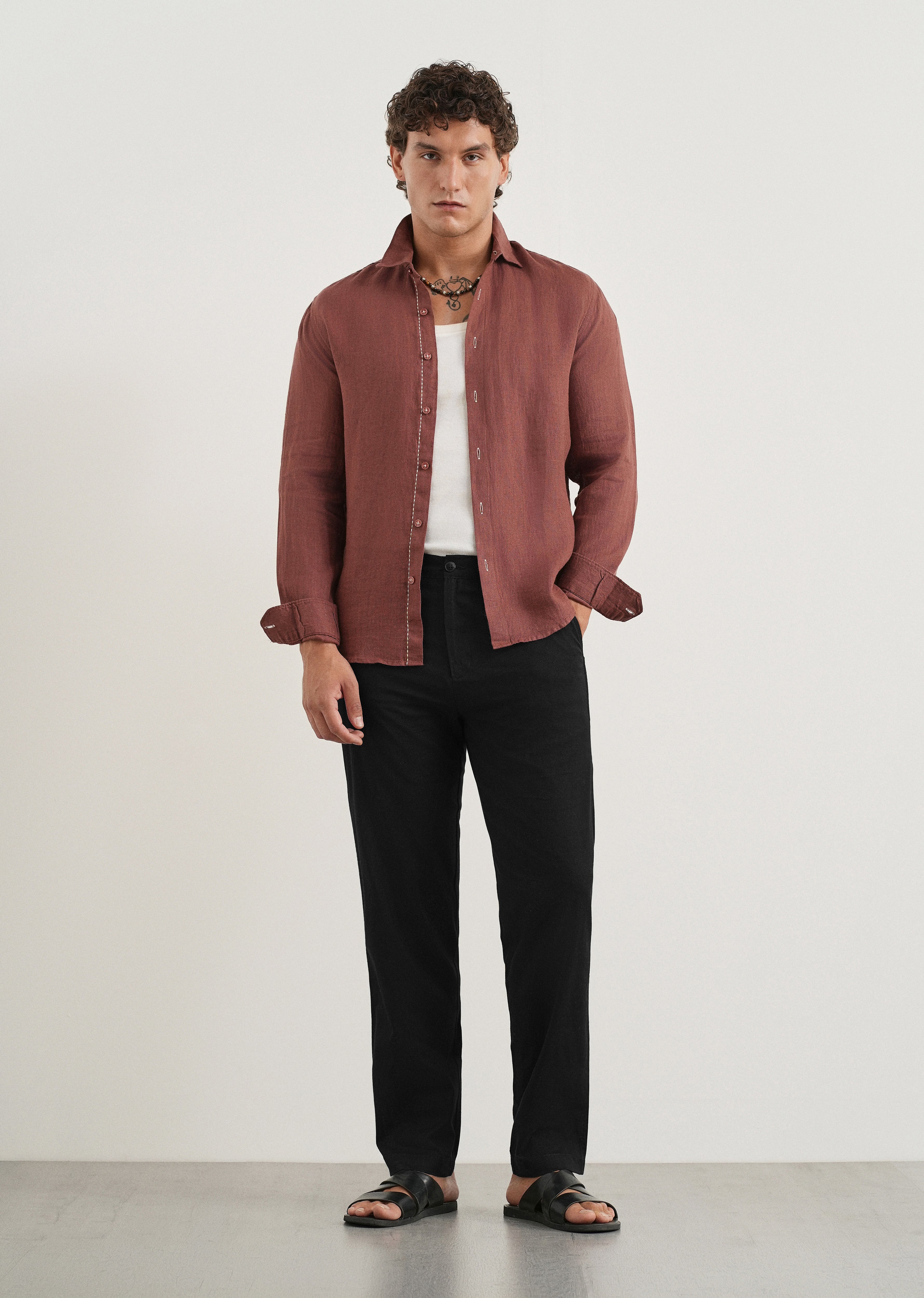 Black Cotton Linen Regular Fit Pant