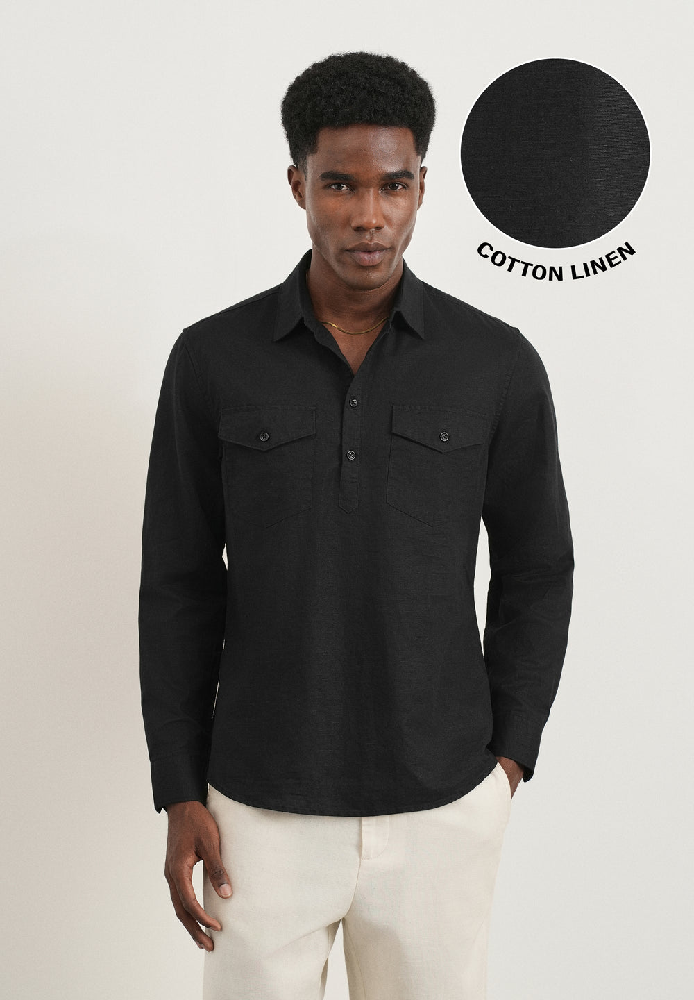 Black Cotton Linen Short Kurta