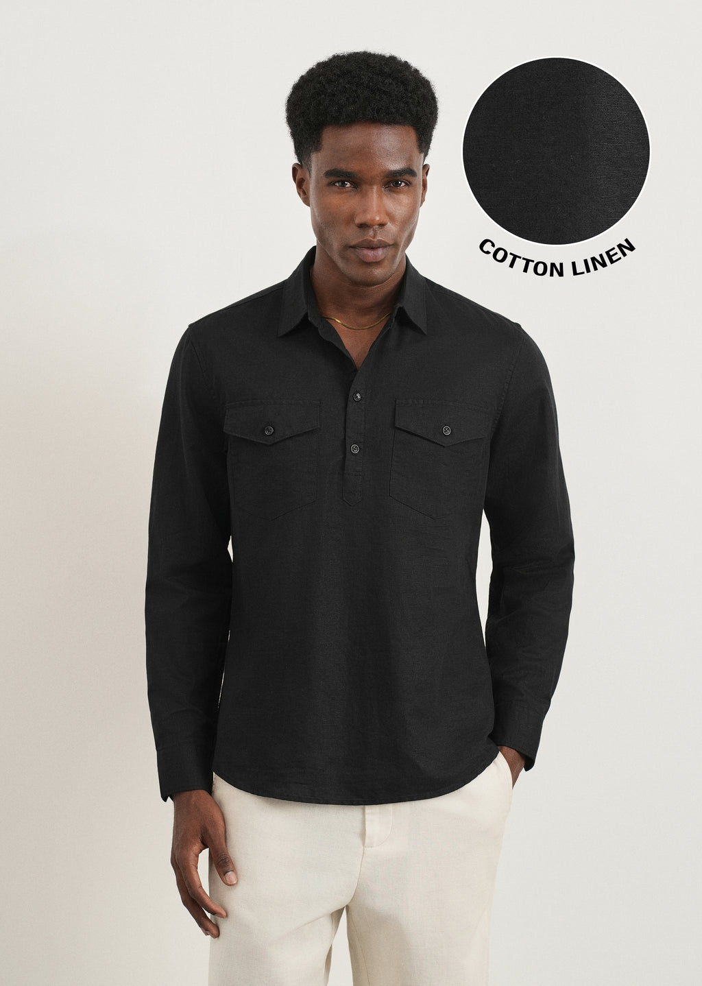 Black Cotton Linen Half Placket Shirt