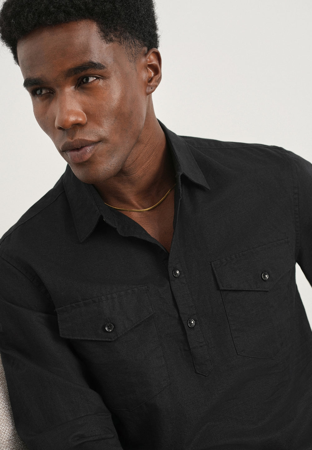Black Cotton Linen Short Kurta