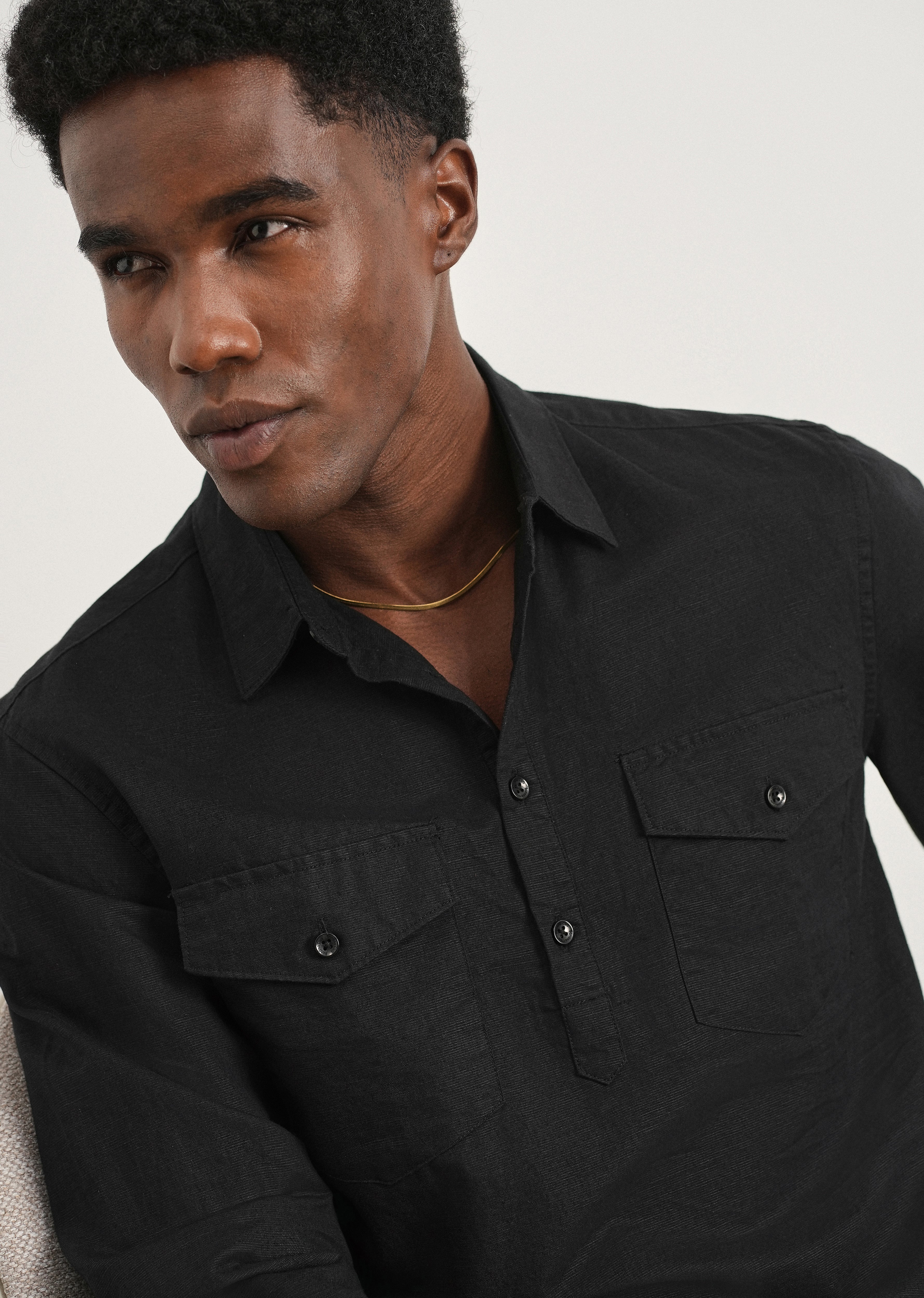 Black Cotton Linen Short Kurta