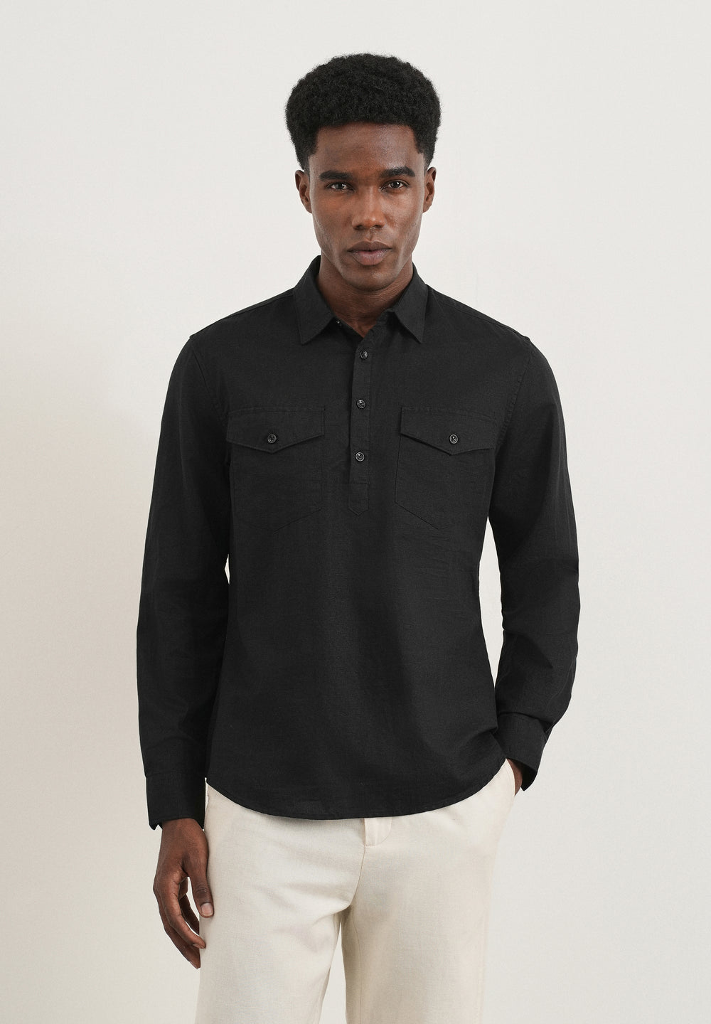 Black Cotton Linen Short Kurta