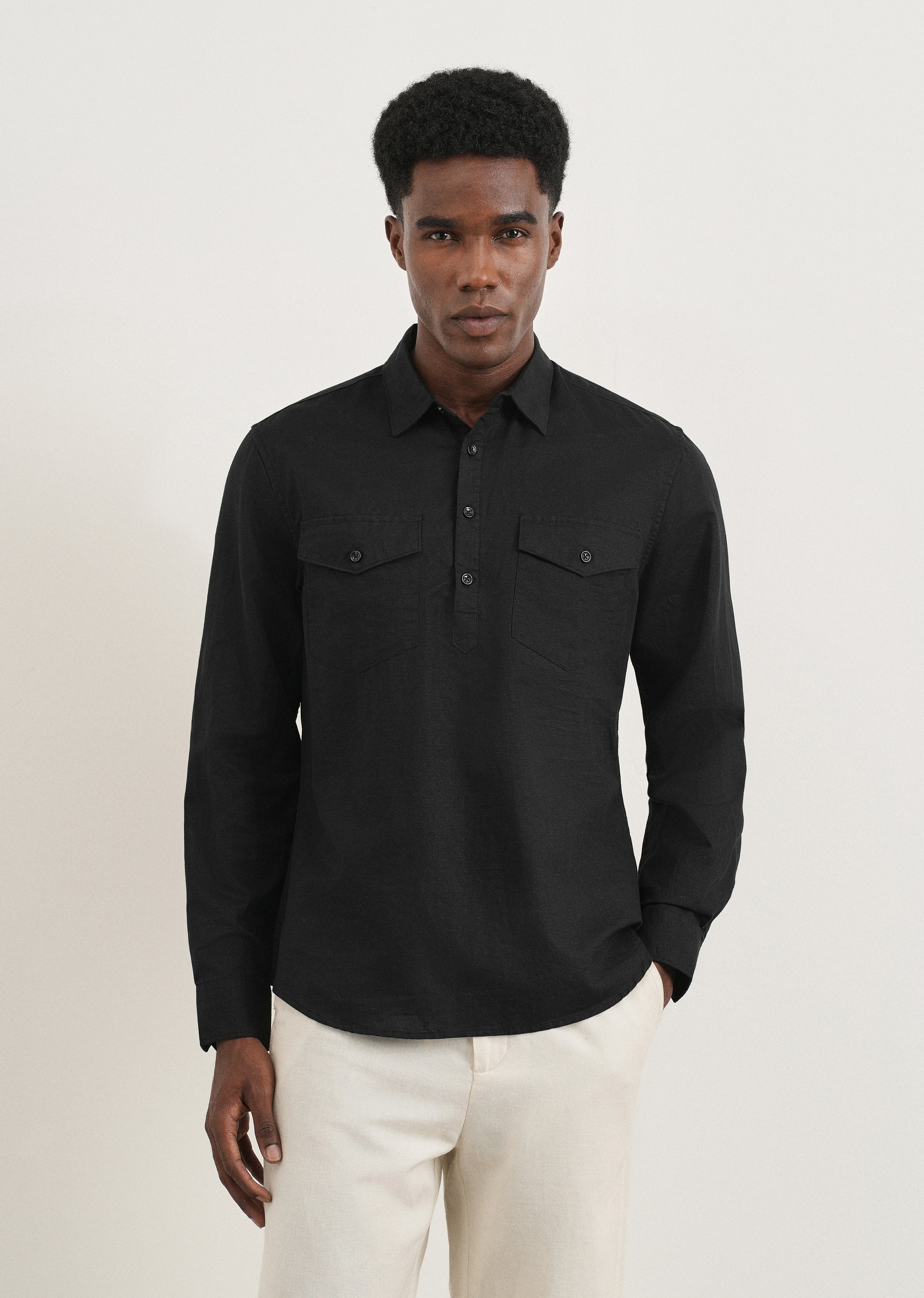Black Cotton Linen Short Kurta