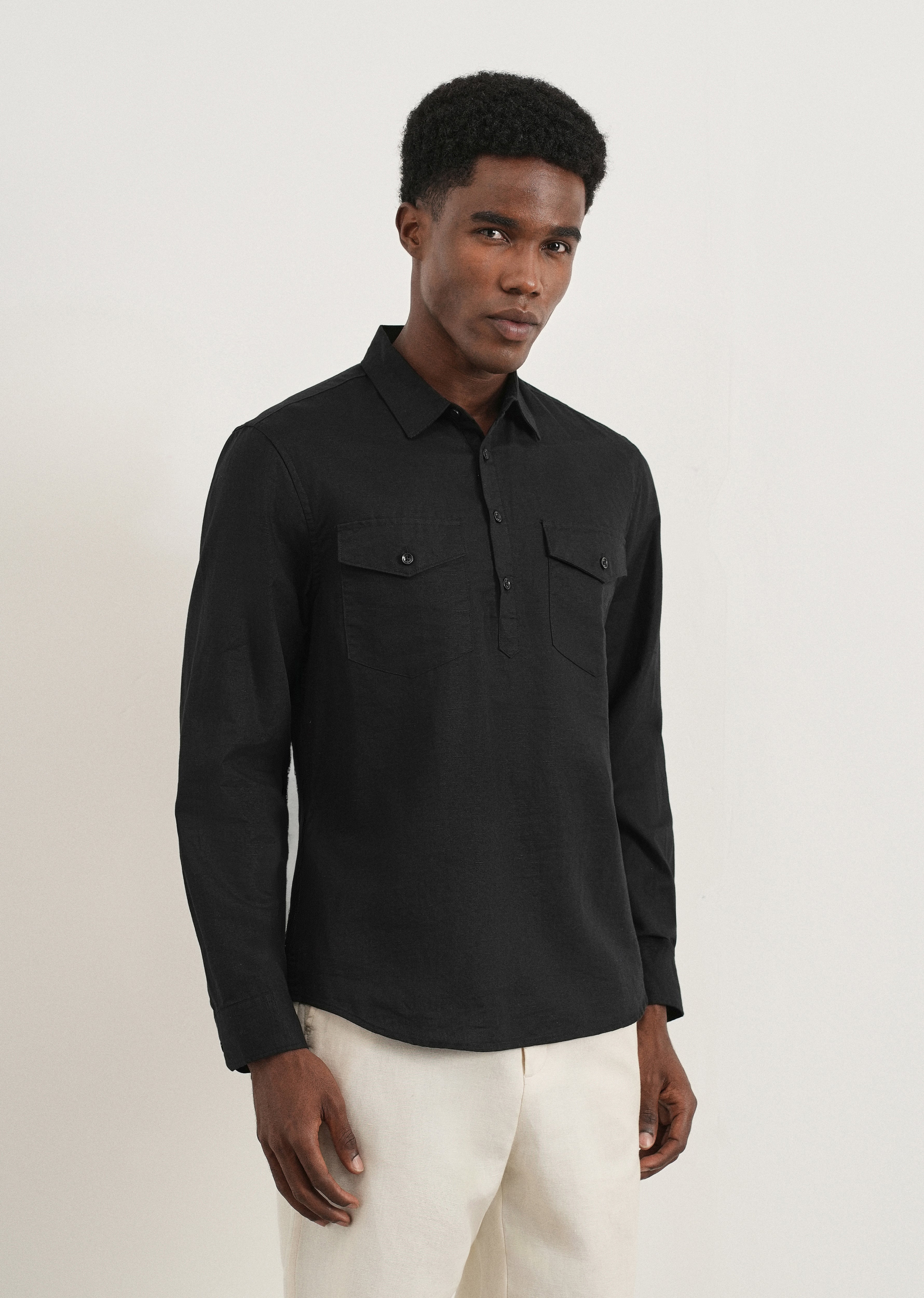 Black Cotton Linen Short Kurta