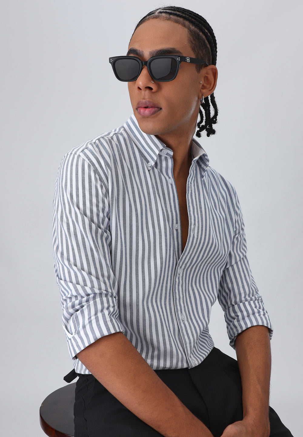 Black Cotton Oxford Stripe Shirt