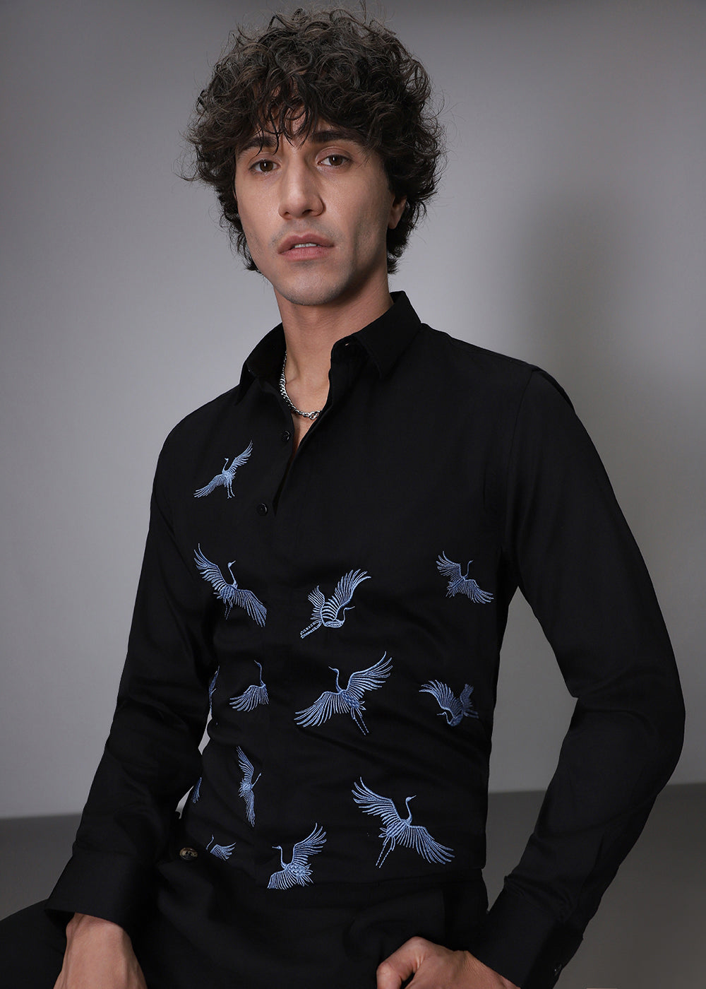 Black Crane Embroidery Designer Shirt