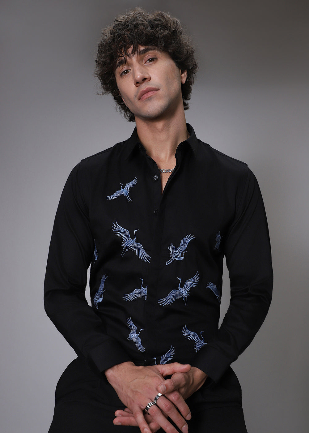 Black Crane Embroidery Designer Shirt