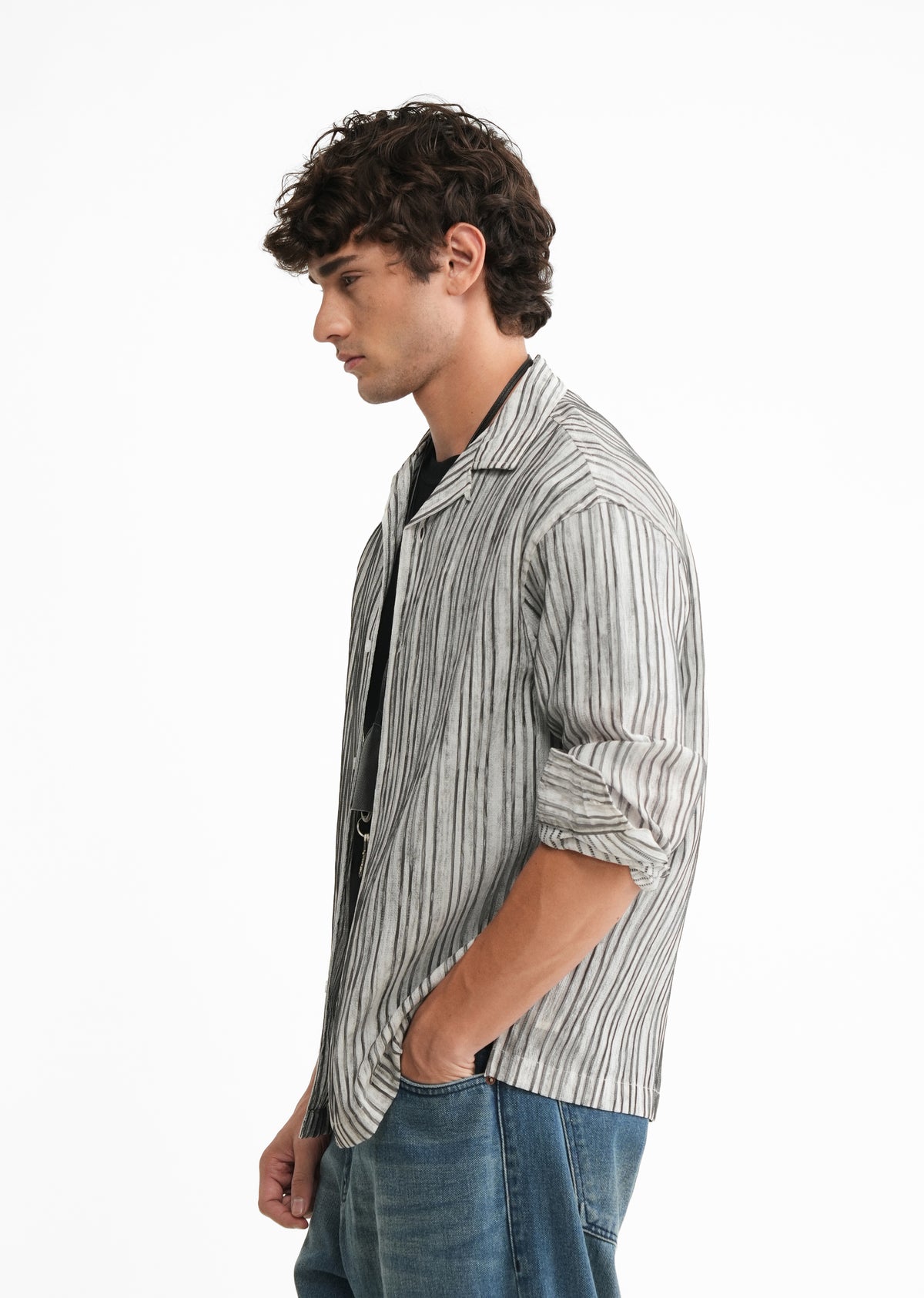Black Crinkle Textured Printed Shirt