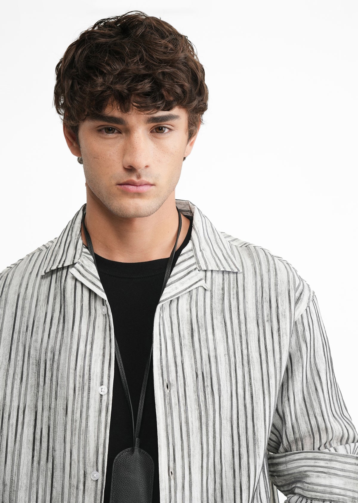 Black Crinkle Textured Printed Shirt