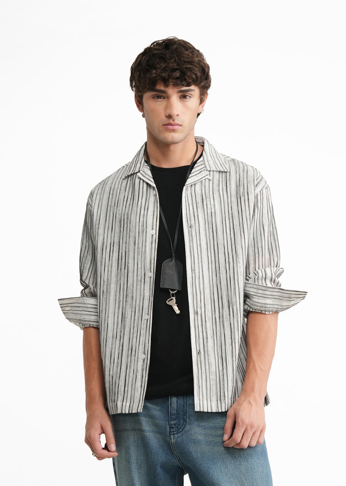 Black Crinkle Textured Printed Shirt