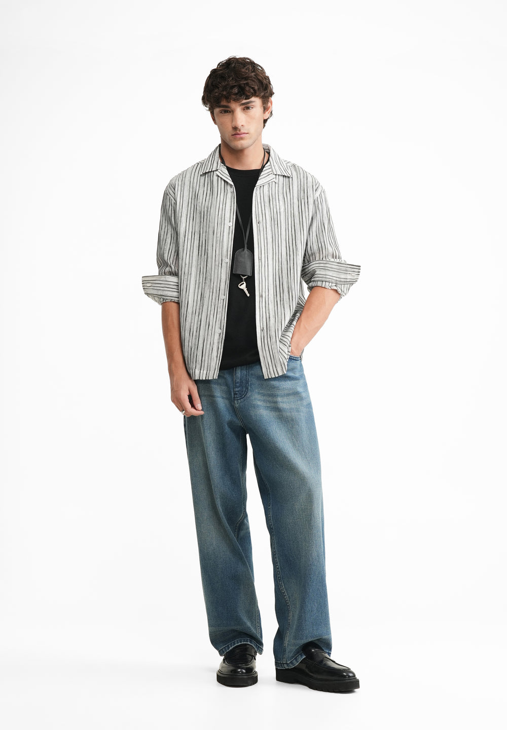 Black Crinkle Textured Printed Shirt