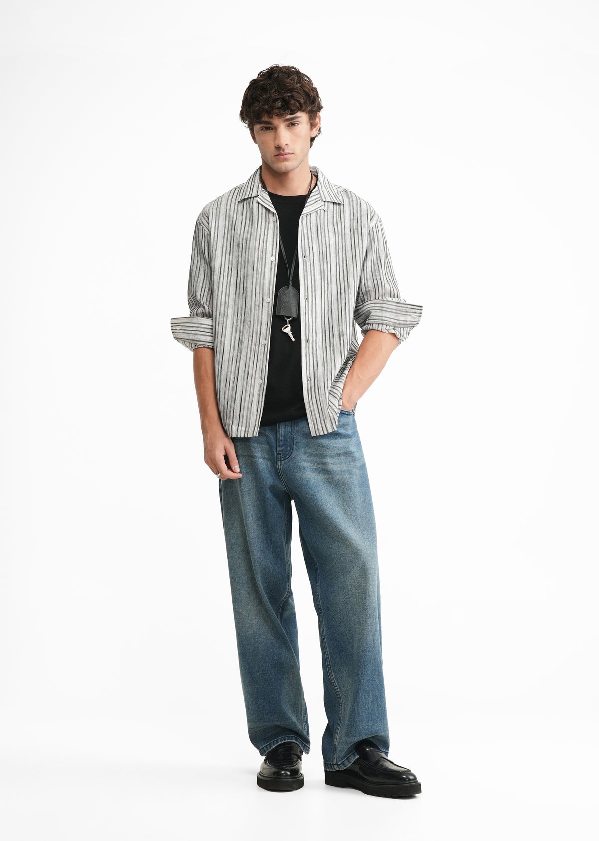 Black Crinkle Textured Printed Shirt