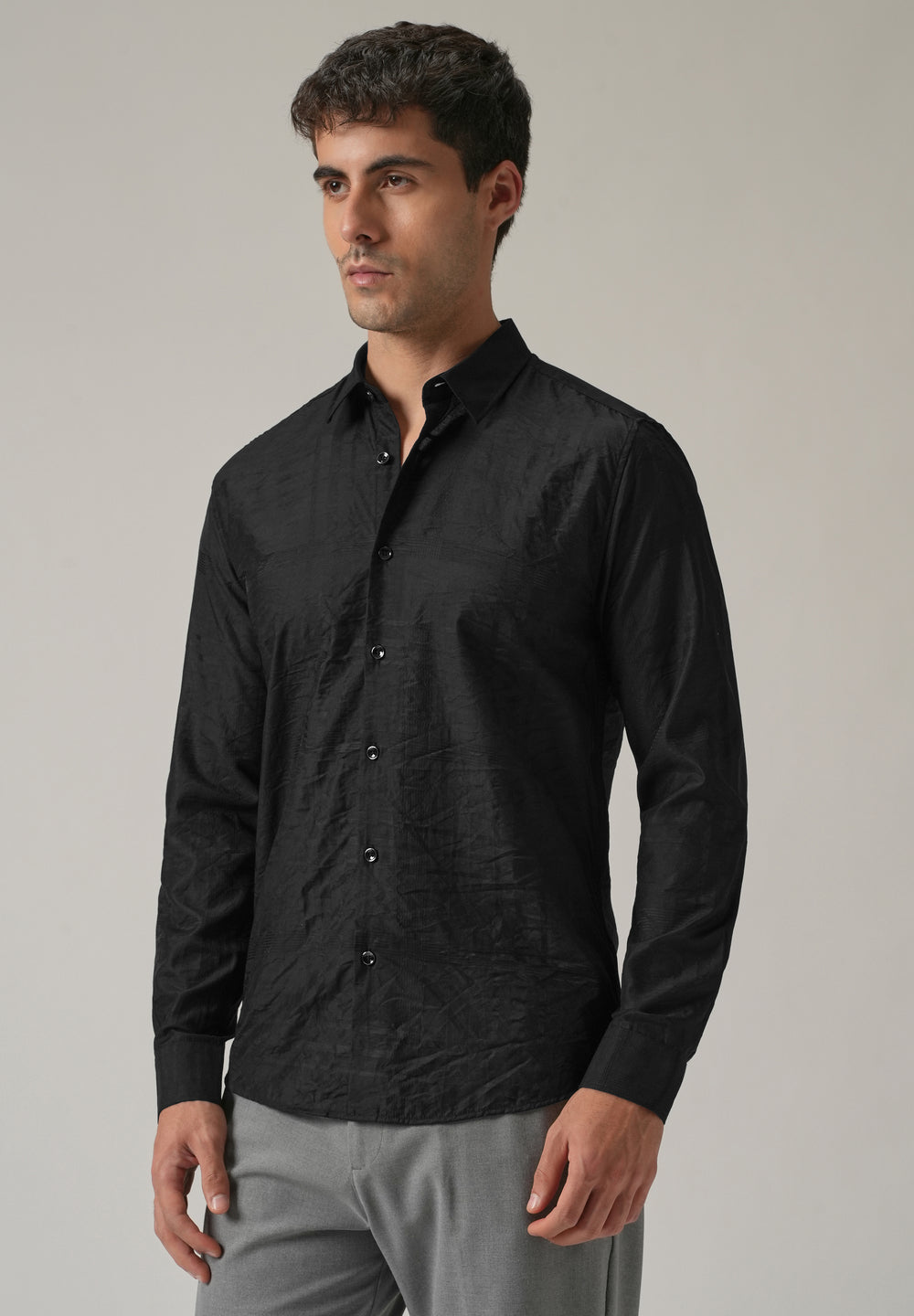 Black Crinkled Self Stripe Shirt