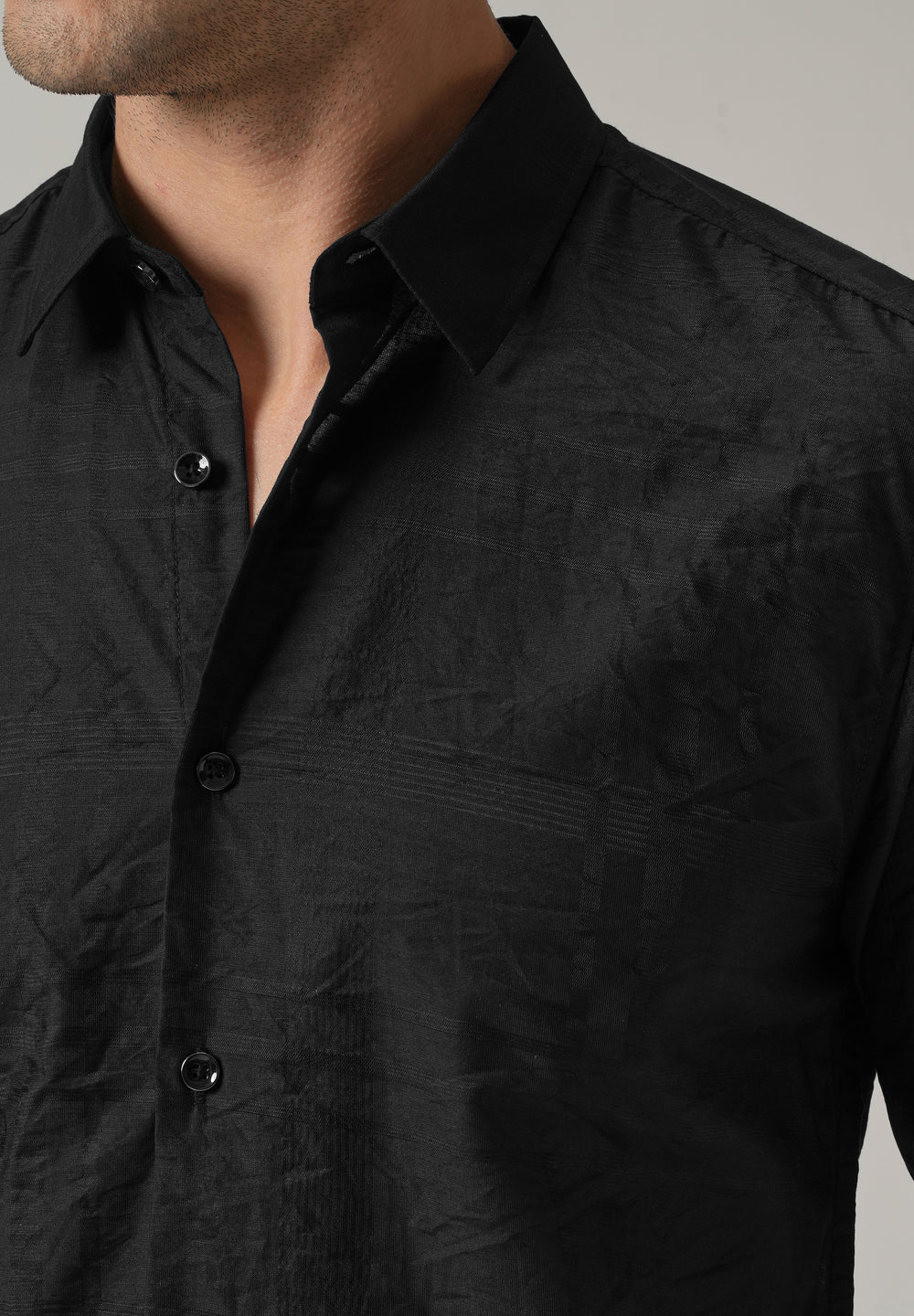 Black Crinkled Self Stripe Shirt