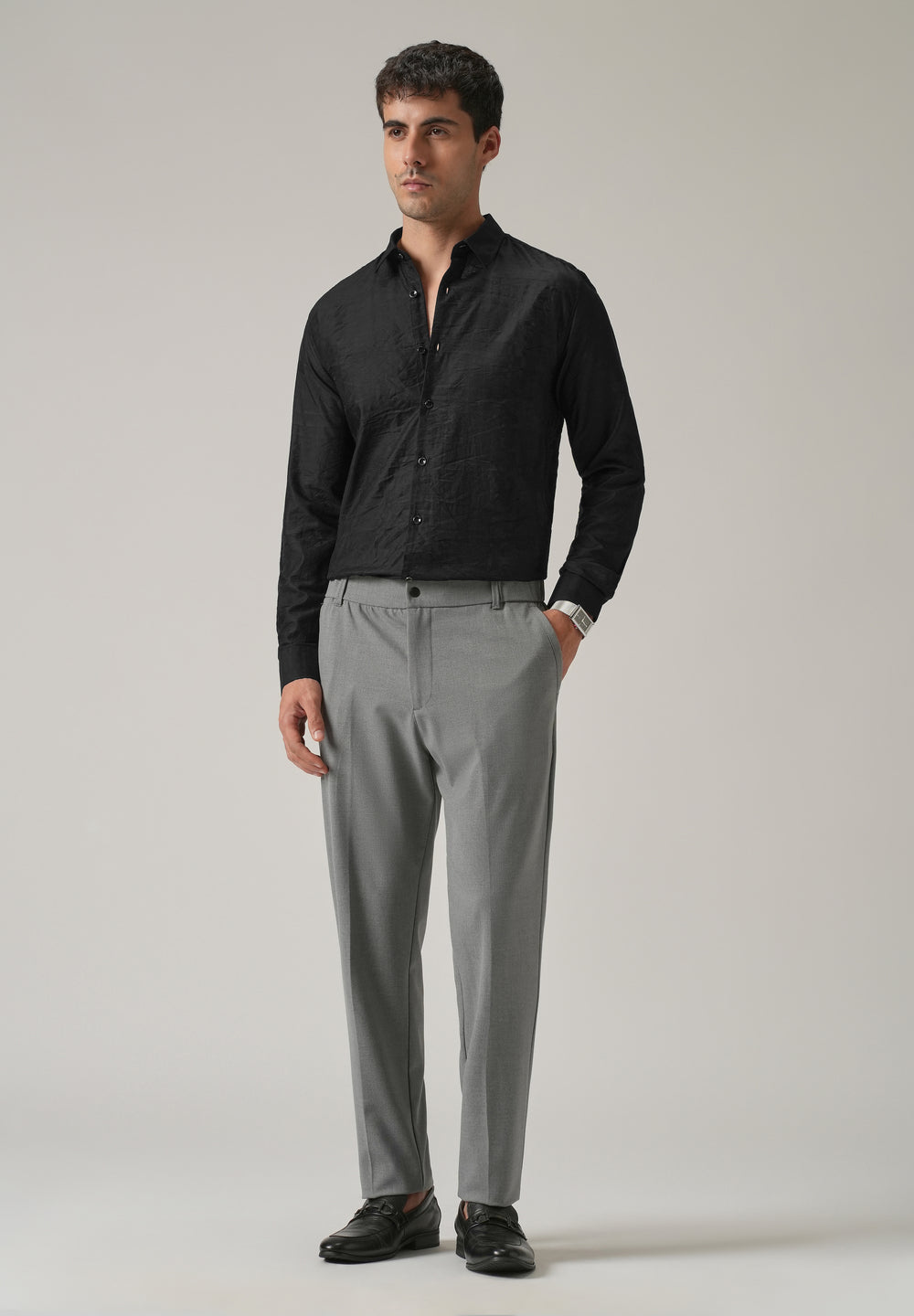 Black Crinkled Self Stripe Shirt