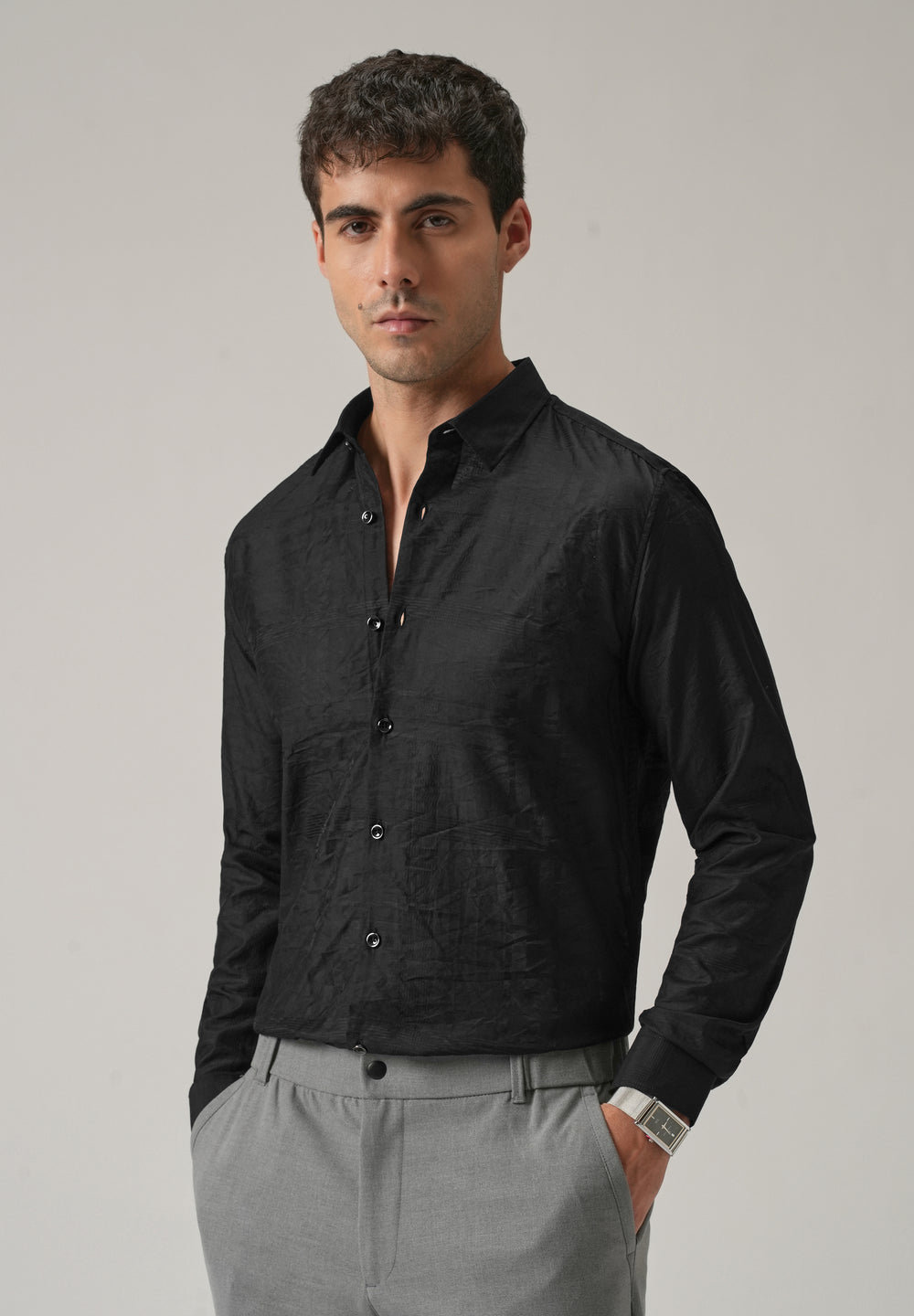 Black Crinkled Self Stripe Shirt