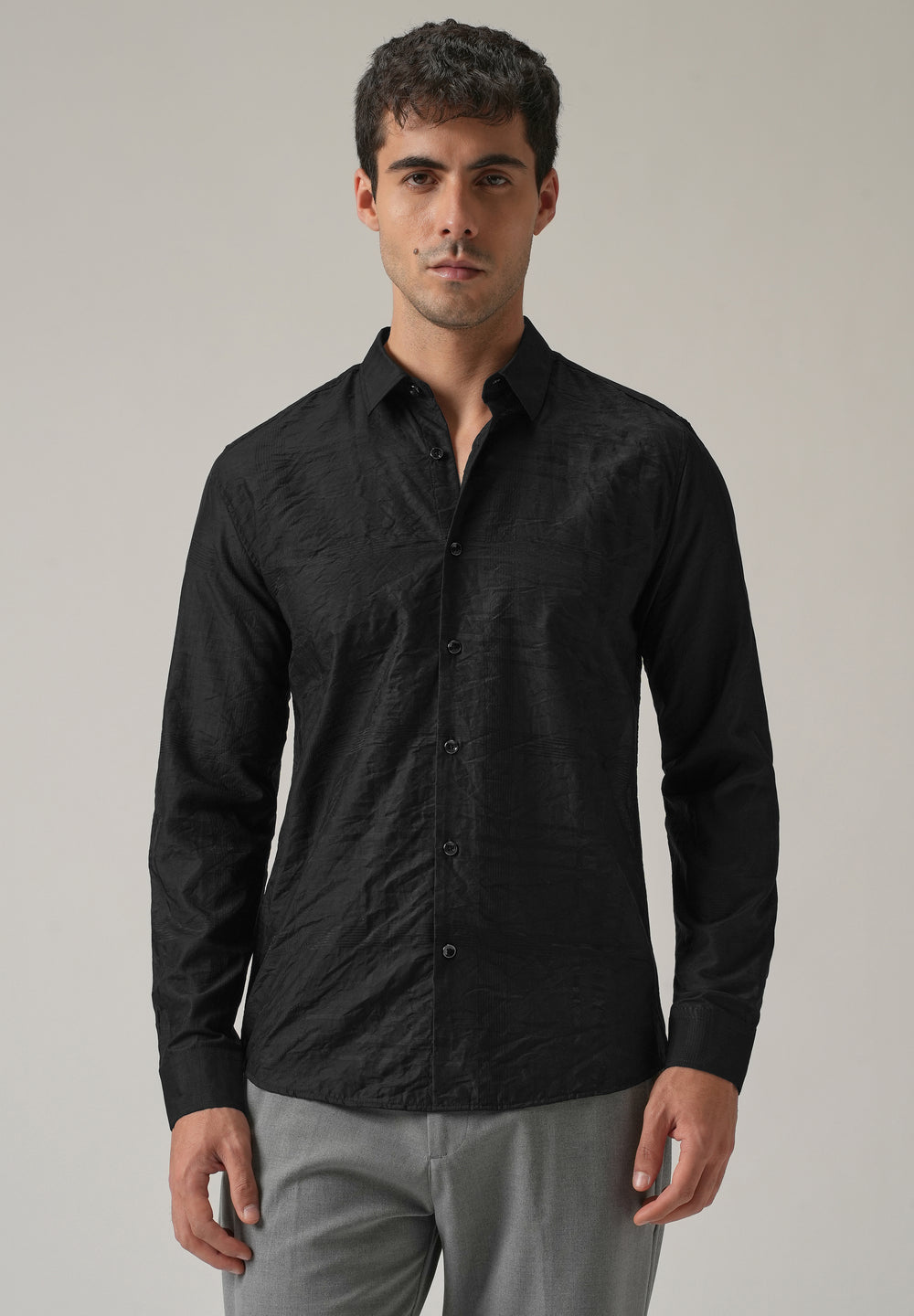 Black Crinkled Self Stripe Shirt