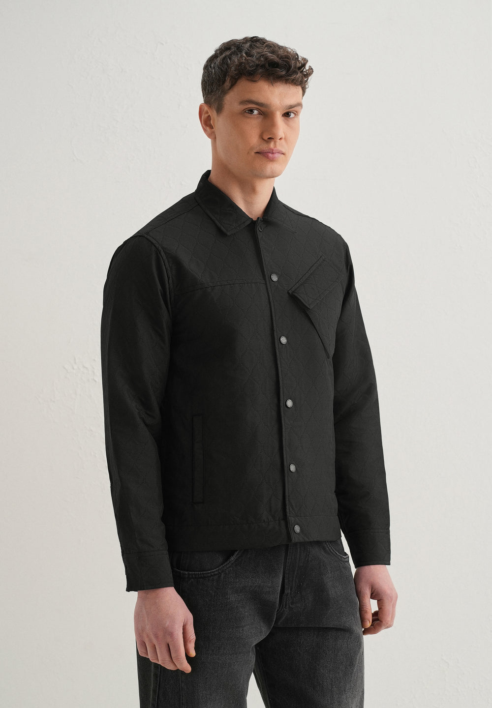 Black Cross Pocket Self Pattern Shacket