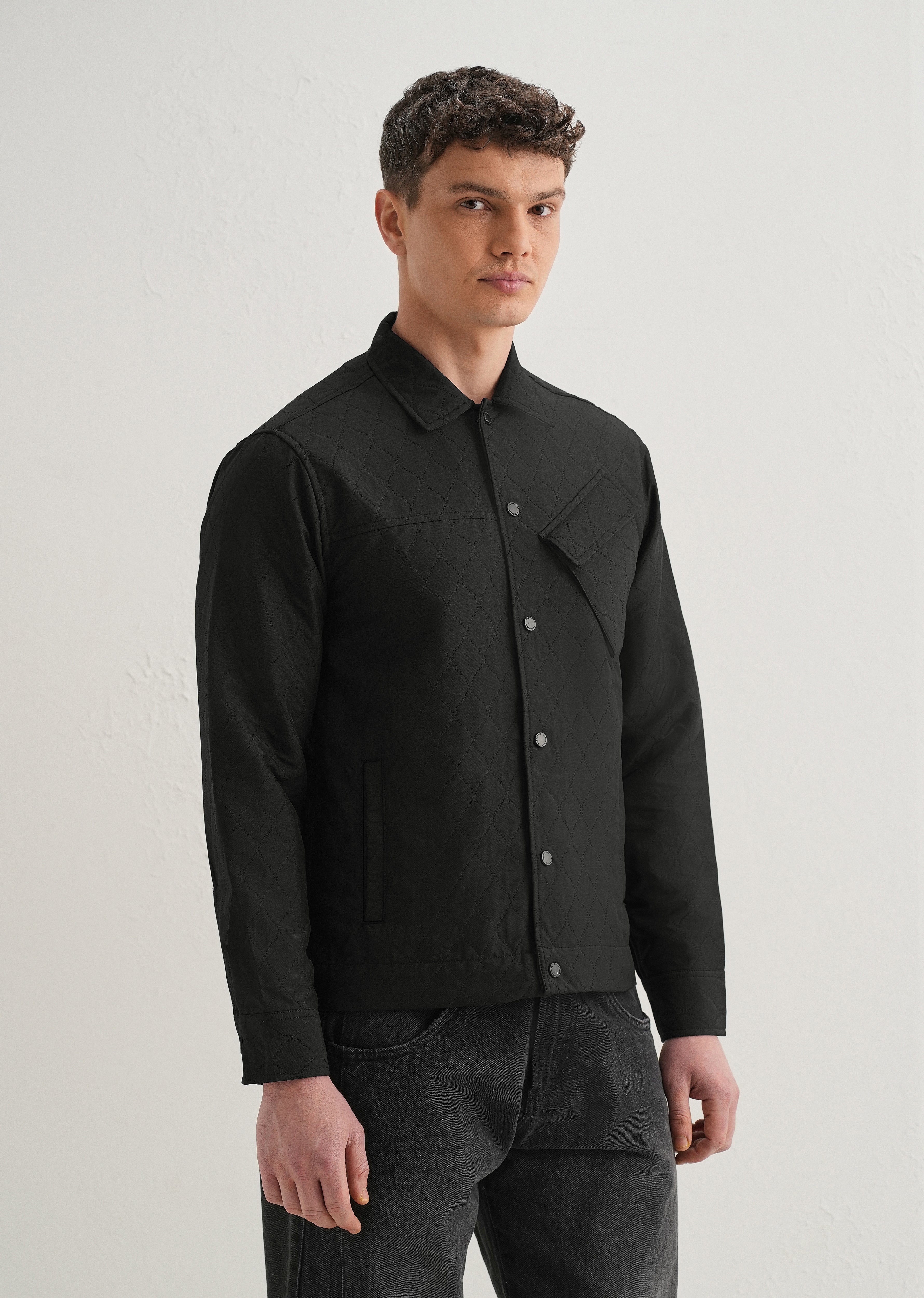 Black Cross Pocket Self Pattern Shacket