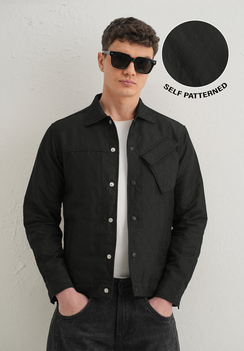 Black Cross Pocket Self Pattern Shacket