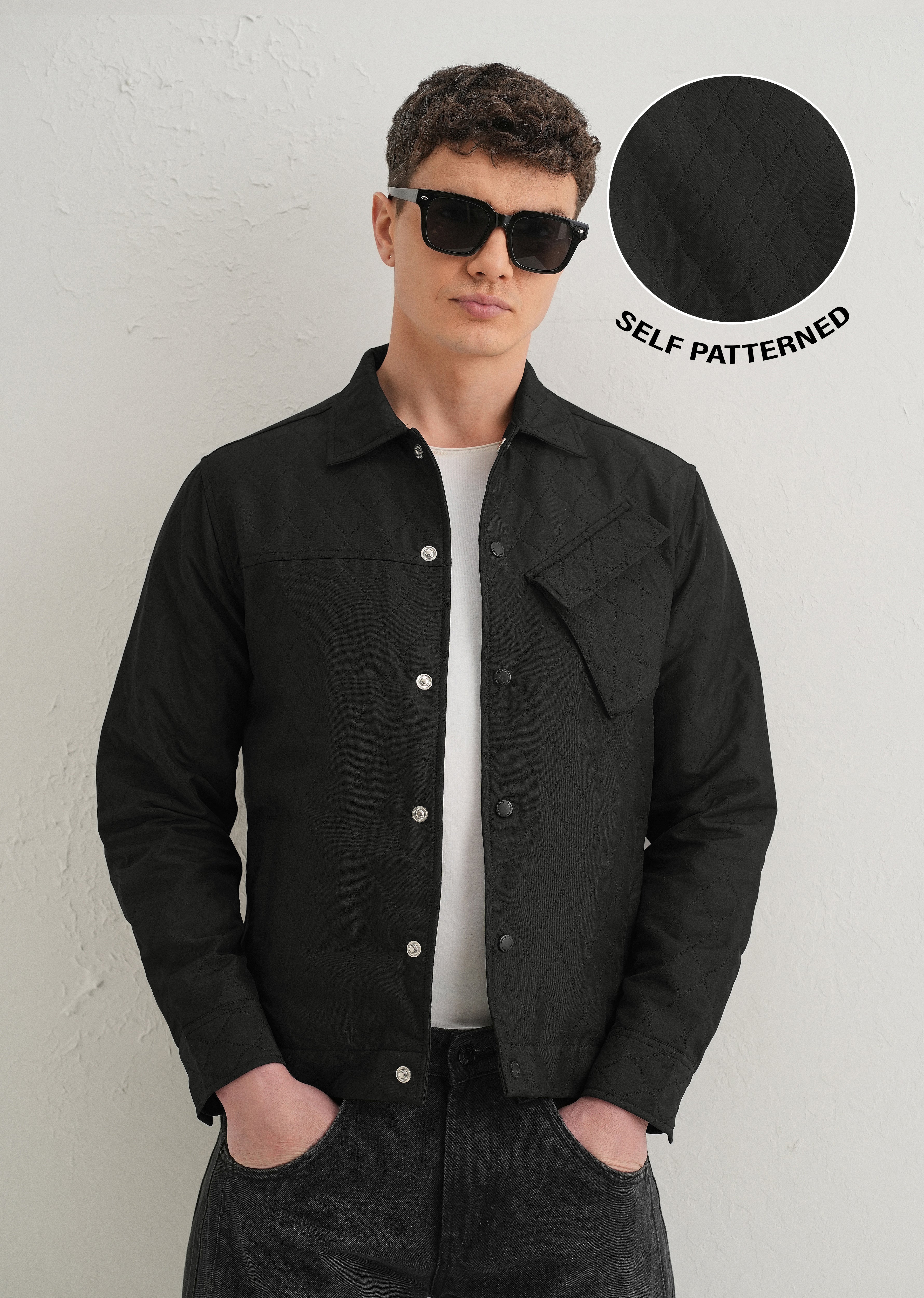 Black Cross Pocket Self Pattern Shacket