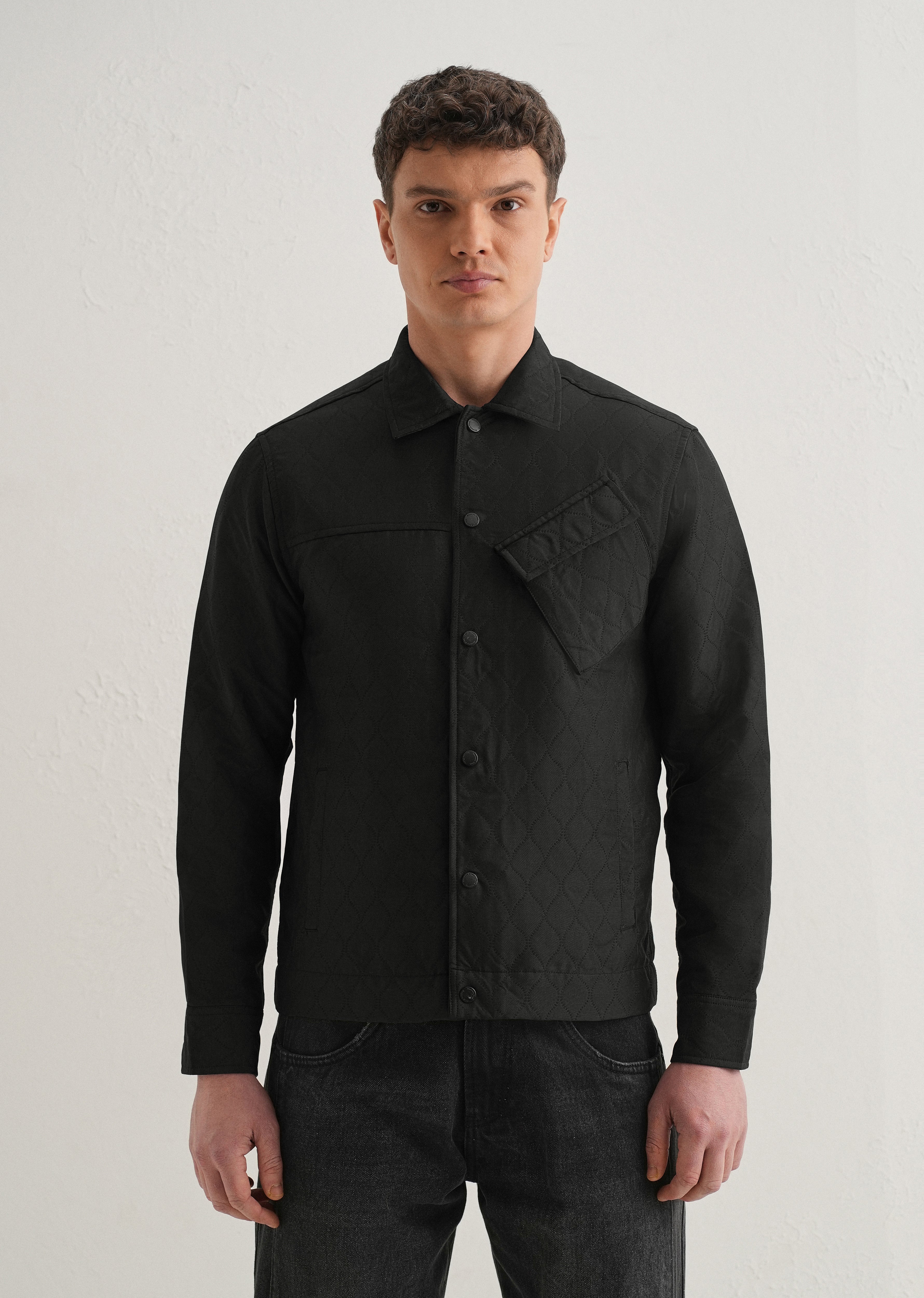 Black Cross Pocket Self Pattern Shacket