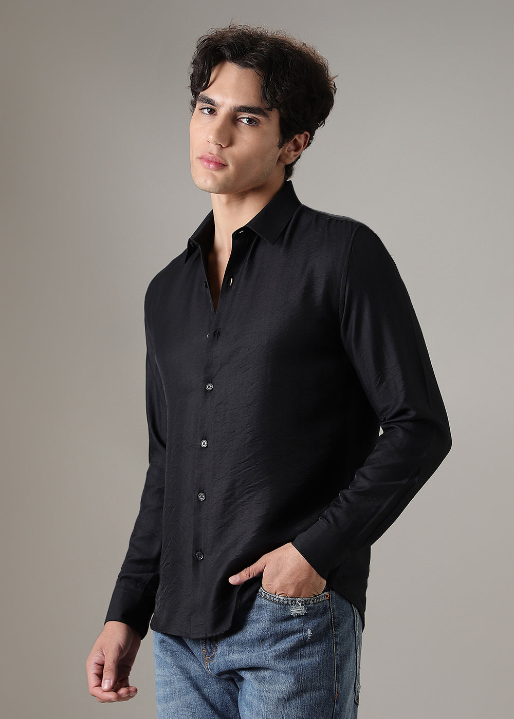 Black Crushed Satin Shirt