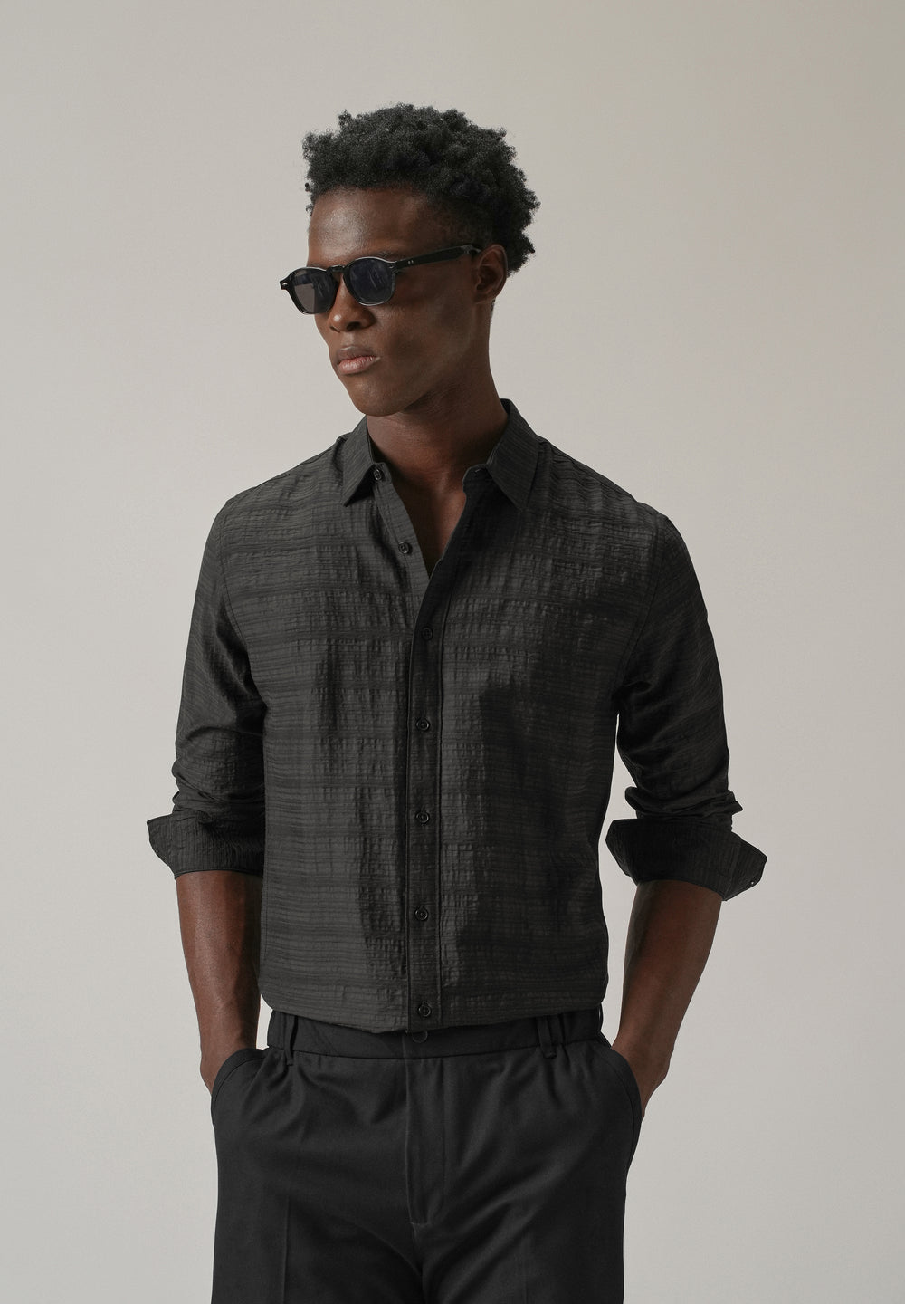 Black Crushed Self Stripe Shirt