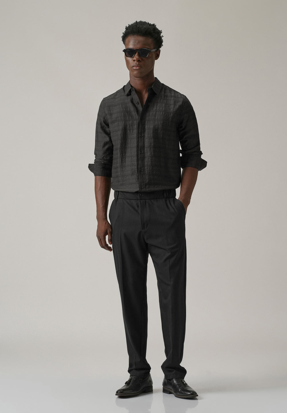 Black Crushed Self Stripe Shirt