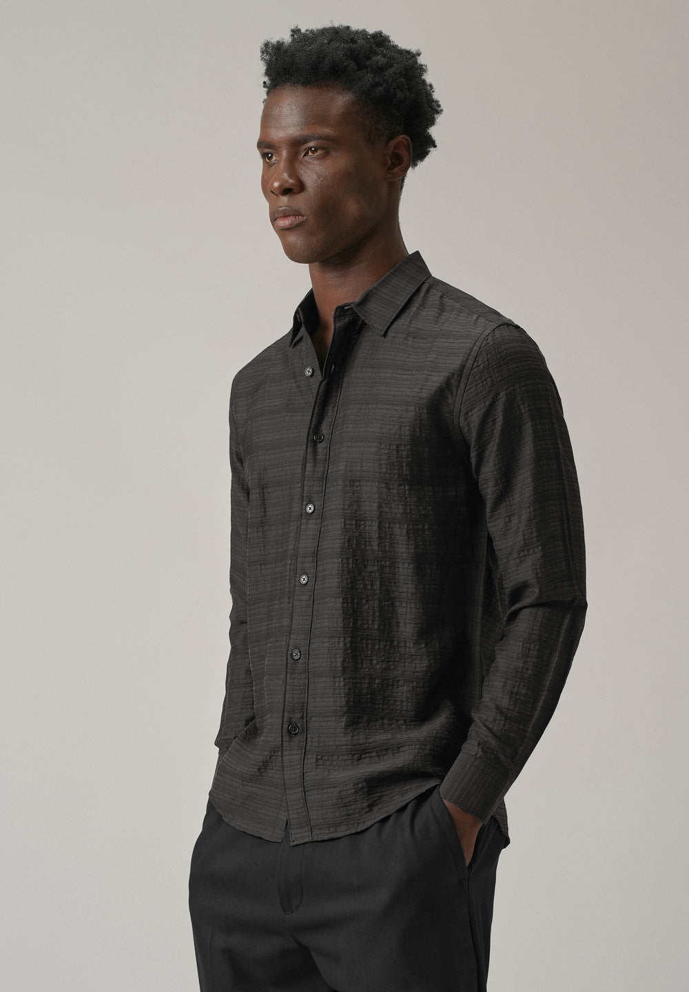 Black Crushed Self Stripe Shirt