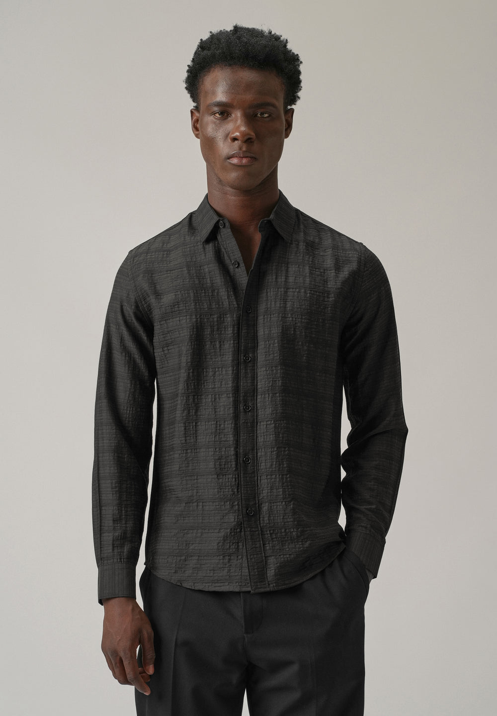 Black Crushed Self Stripe Shirt