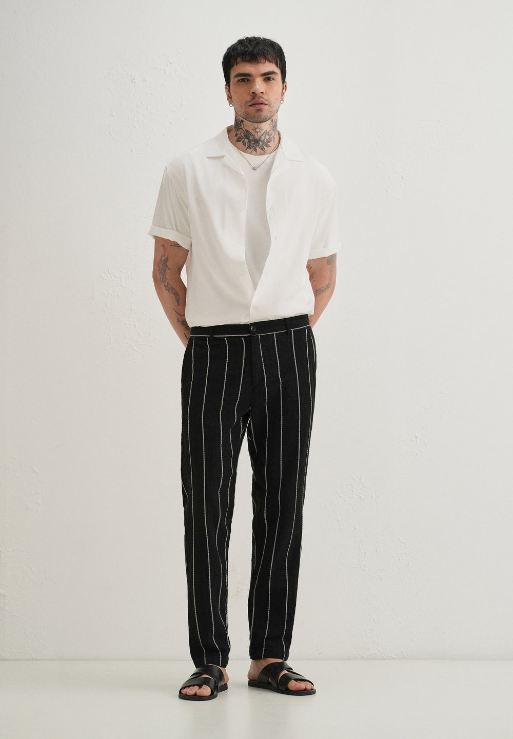 Black Dobby Cotton Stripe Pants