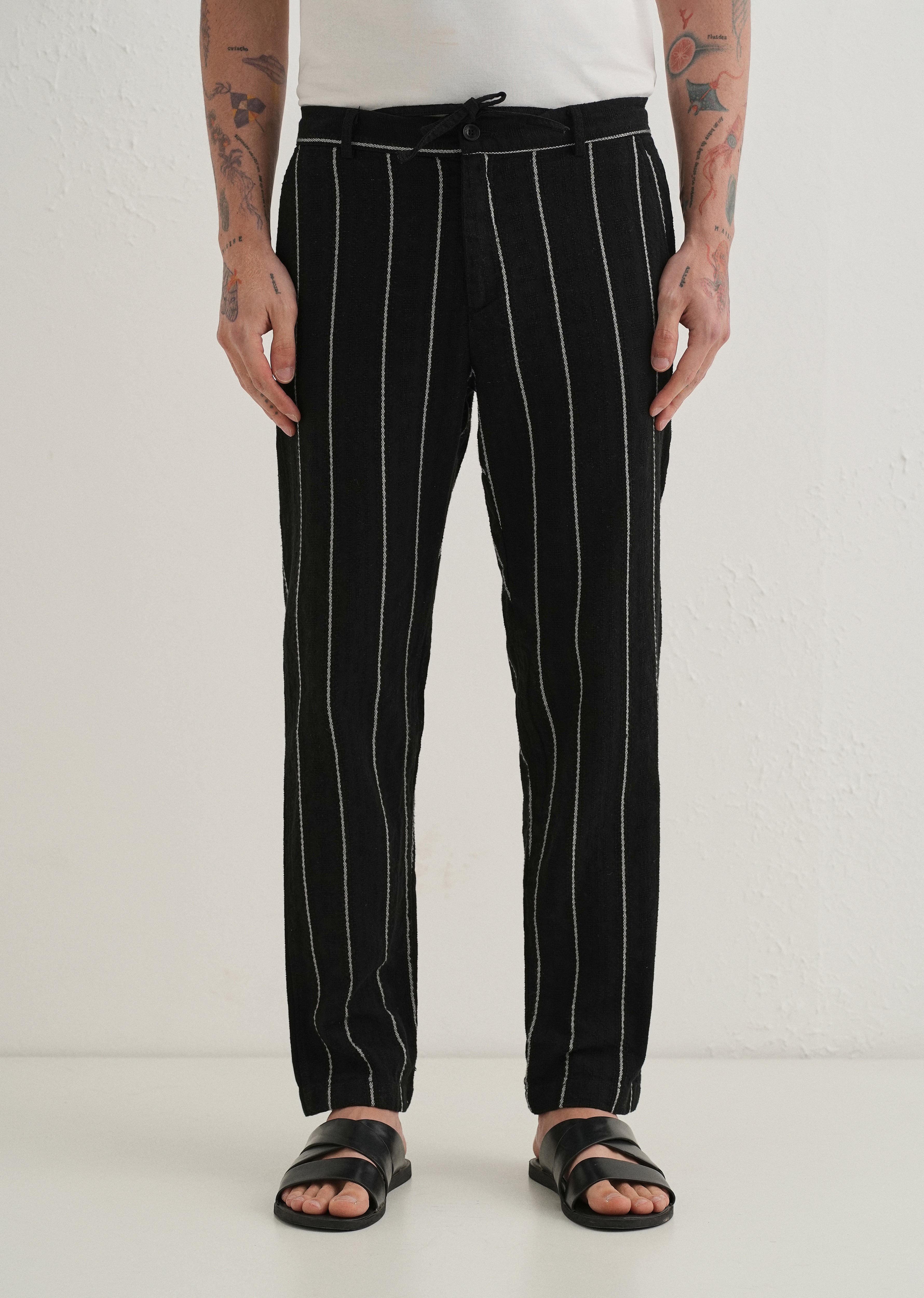 Black Dobby Cotton Stripe Pants