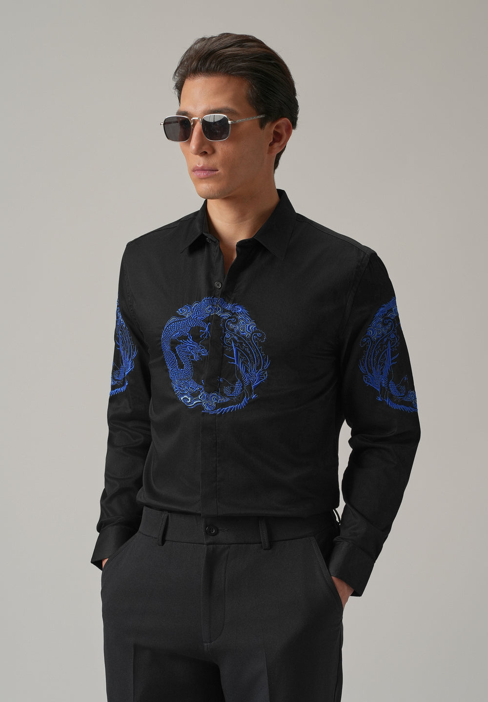 Black Dragon and Phoenix Embroidery Designer Shirt