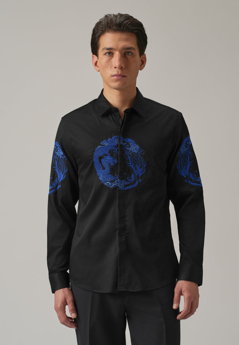 Black Dragon and Phoenix Embroidery Designer Shirt