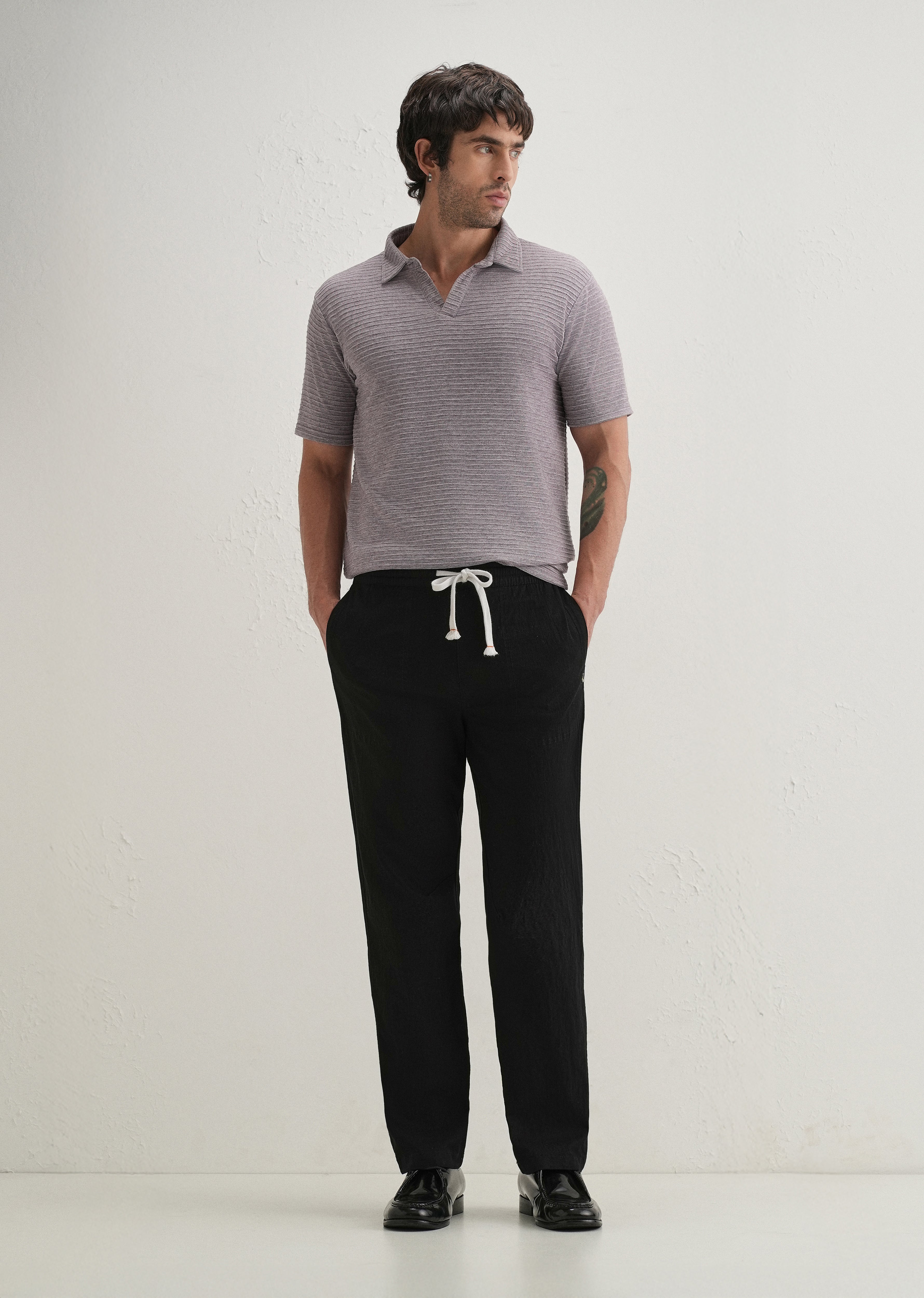 Black Drawstring Cotton Linen Pant